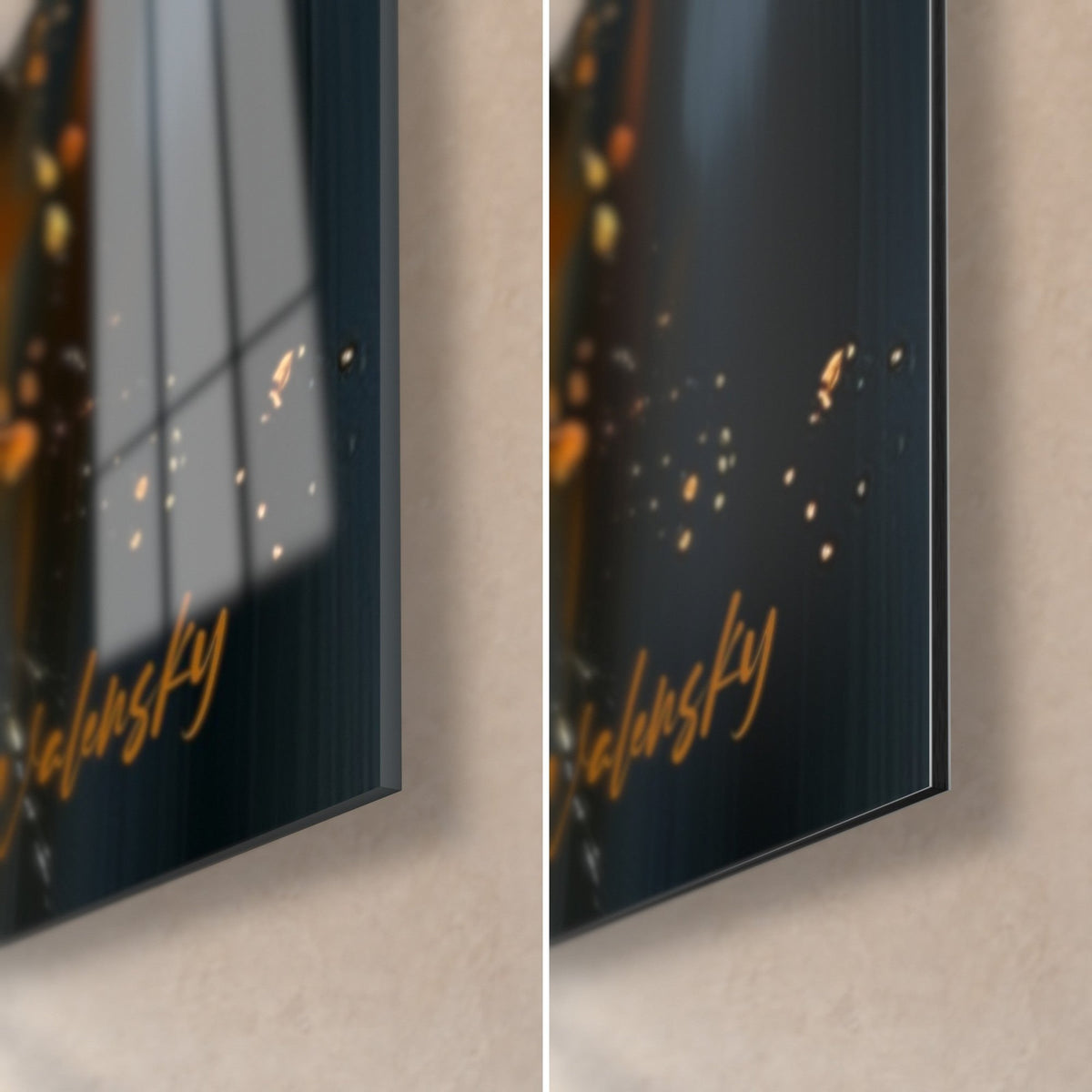 Tableau œil de Fatma ambre, coin bas droit : signature dorée sur fond noir, verre brillant à gauche, Dibond mat à droite