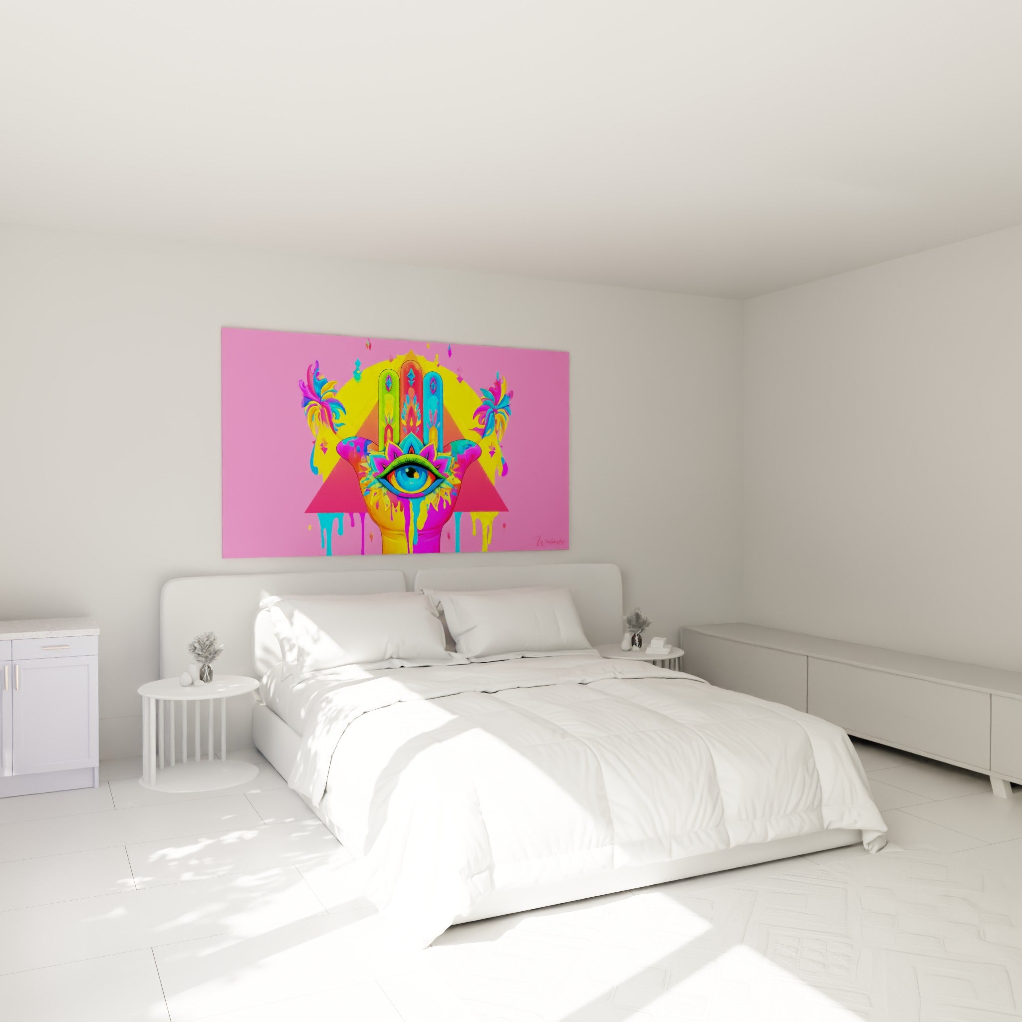 Symbole protecteur Main de Fatma turquoise et rose au-dessus d'un lit dans une chambre claire