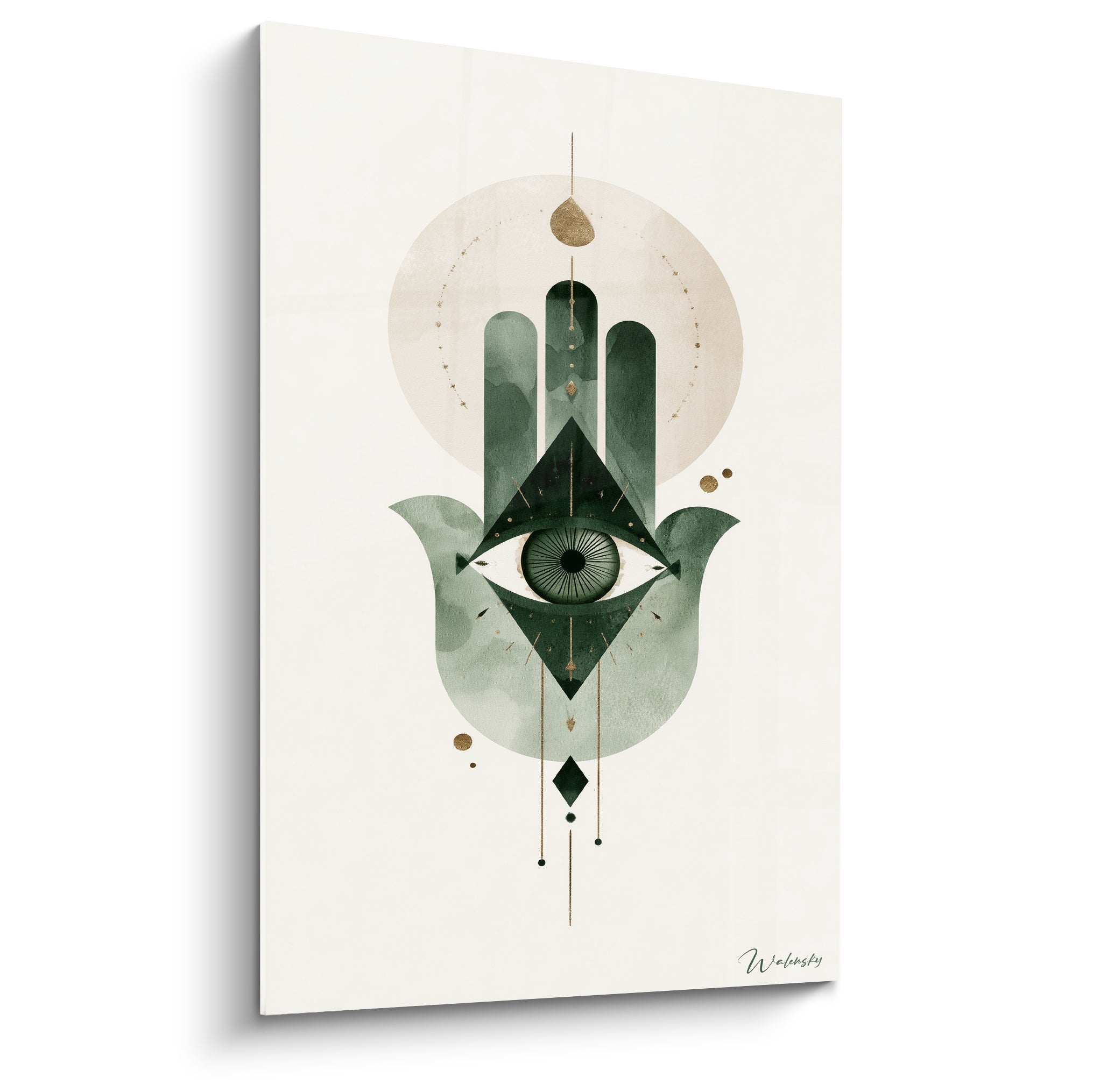 Main de fatma vert sauge et œil doré au centre, style aquarelle sur fond crème lumineux