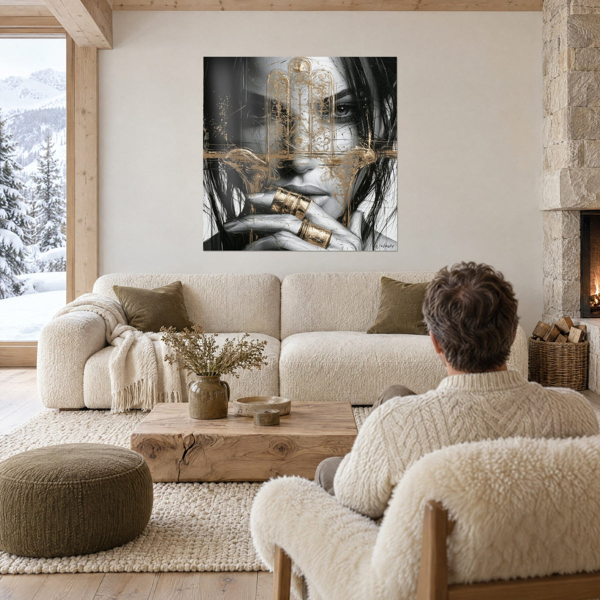 Tableau portrait de femme au regard sombre, main de Fatma dorée sur fond noir et blanc, au-dessus d'un canapé dans un salon lumineux