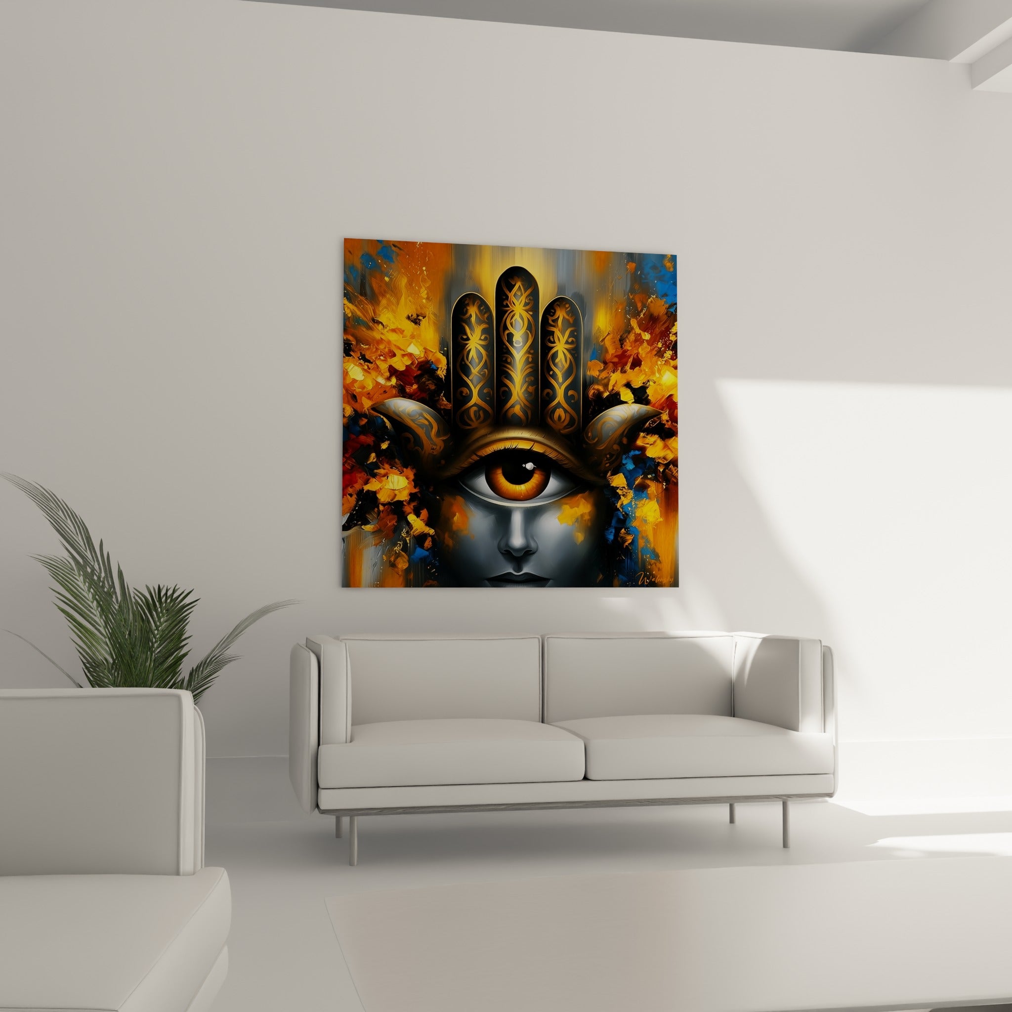 Visage stylisé et main protectrice aux tons ocre et bleu marine au-dessus d'un canapé dans un salon lumineux
