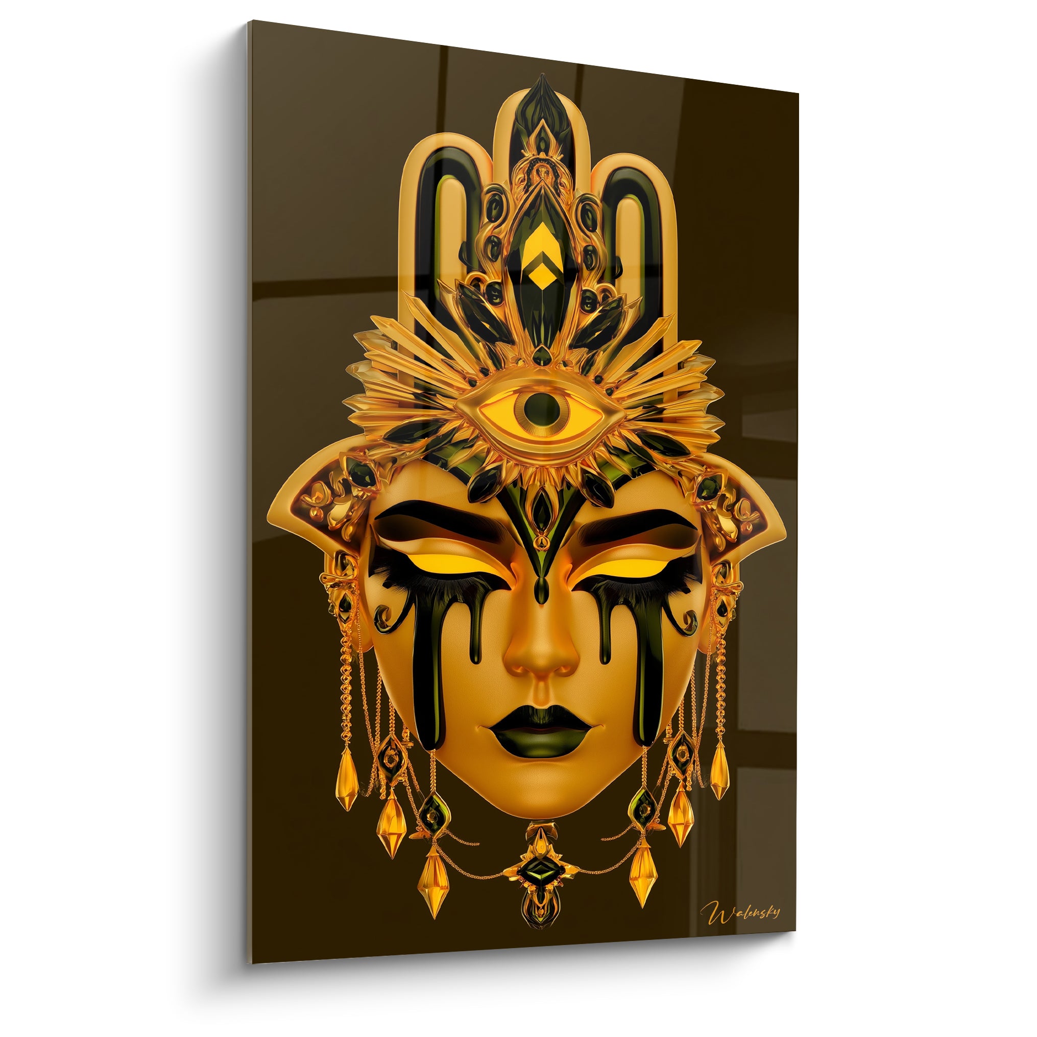 Visage doré Main de Fatma aux larmes noires et yeux clos, fond brun bronze