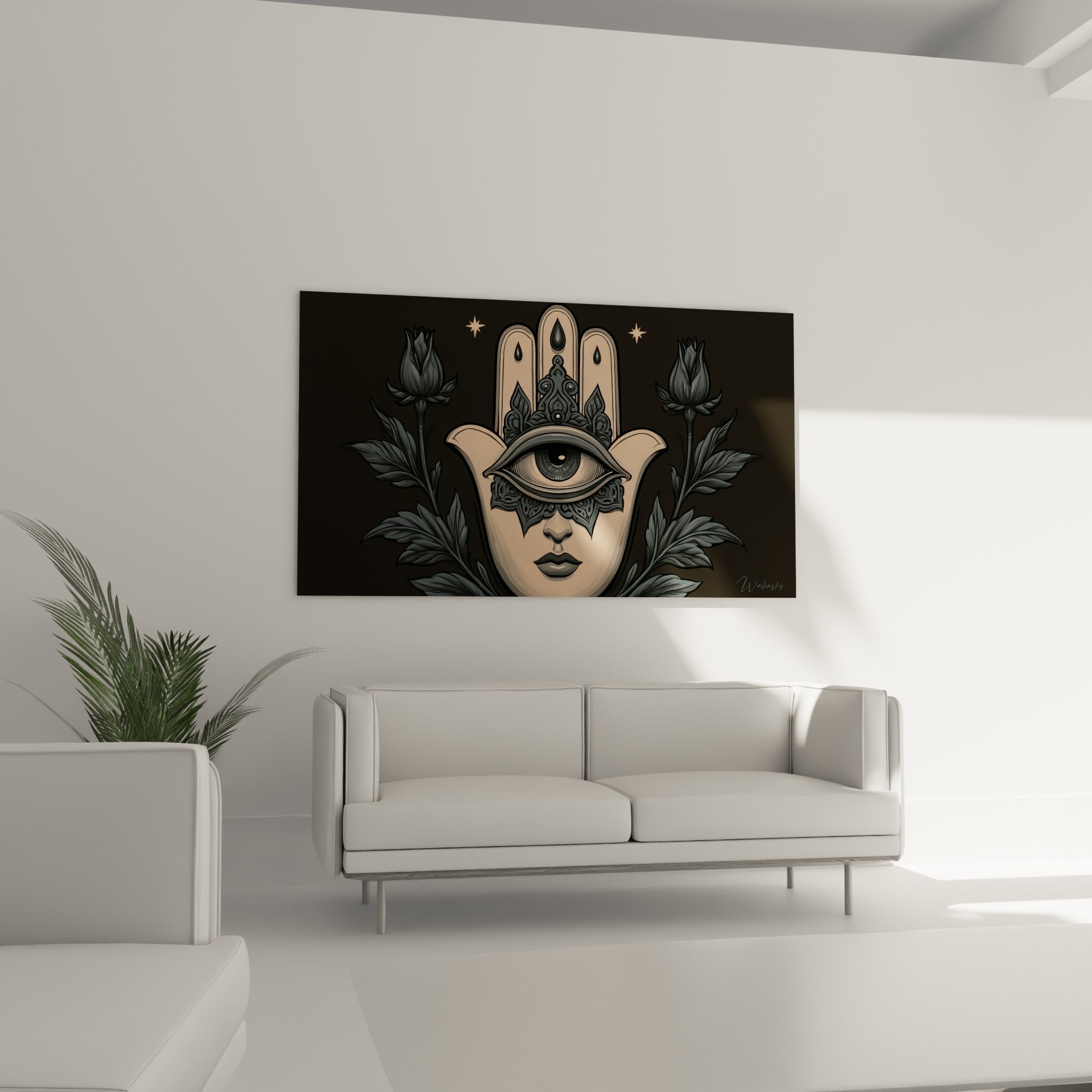 Œil protecteur gris entouré d'ornements noirs sur une Main de fatma beige, au-dessus d'un canapé dans un salon lumineux