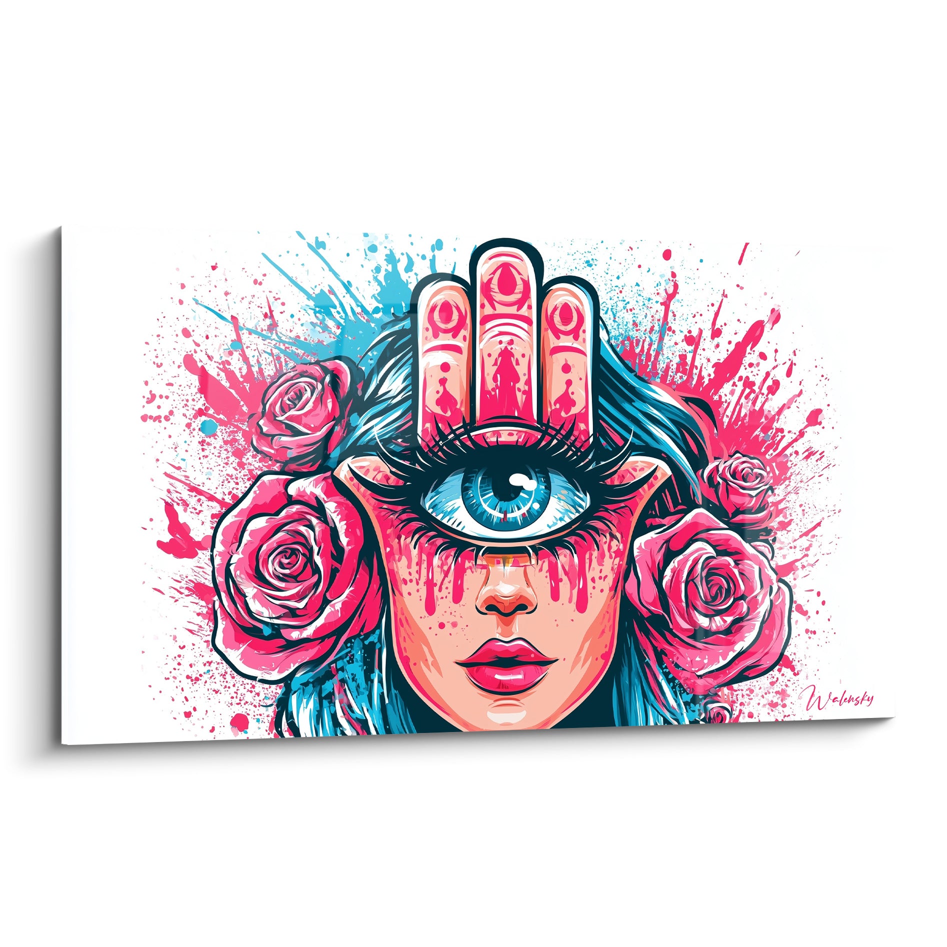 Main de fatma tableau visage rose et bleu, œil unique perçant, roses fuchsia et éclaboussures turquoise