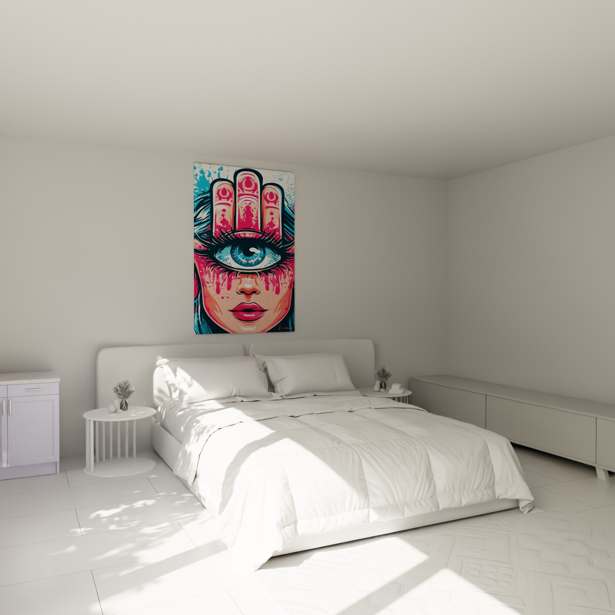 Visage à l'œil bleu et main de fatma rose fuchsia accroché au-dessus d'un lit dans une chambre claire