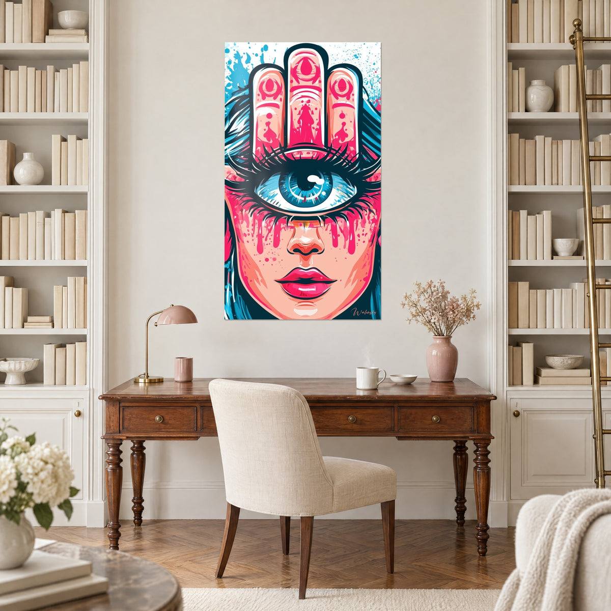 Wall art stylized face with bubblegum pink lips and turquoise hair, giant eye outlined in black, between two bookcases in an antique study