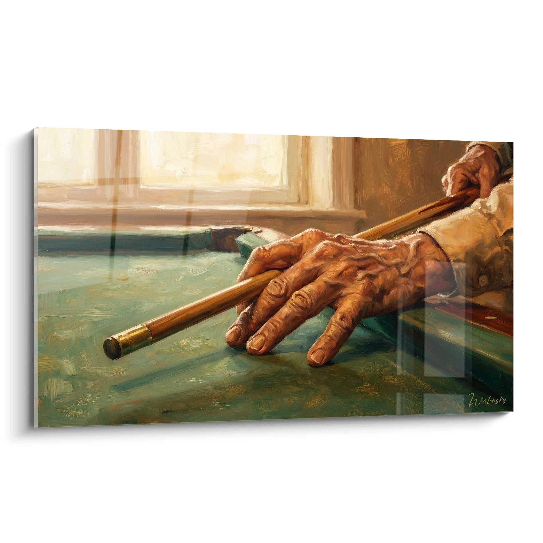 Tableau artistique mains expertes tenant queue de billard sur tapis vert - art mural billard vintage