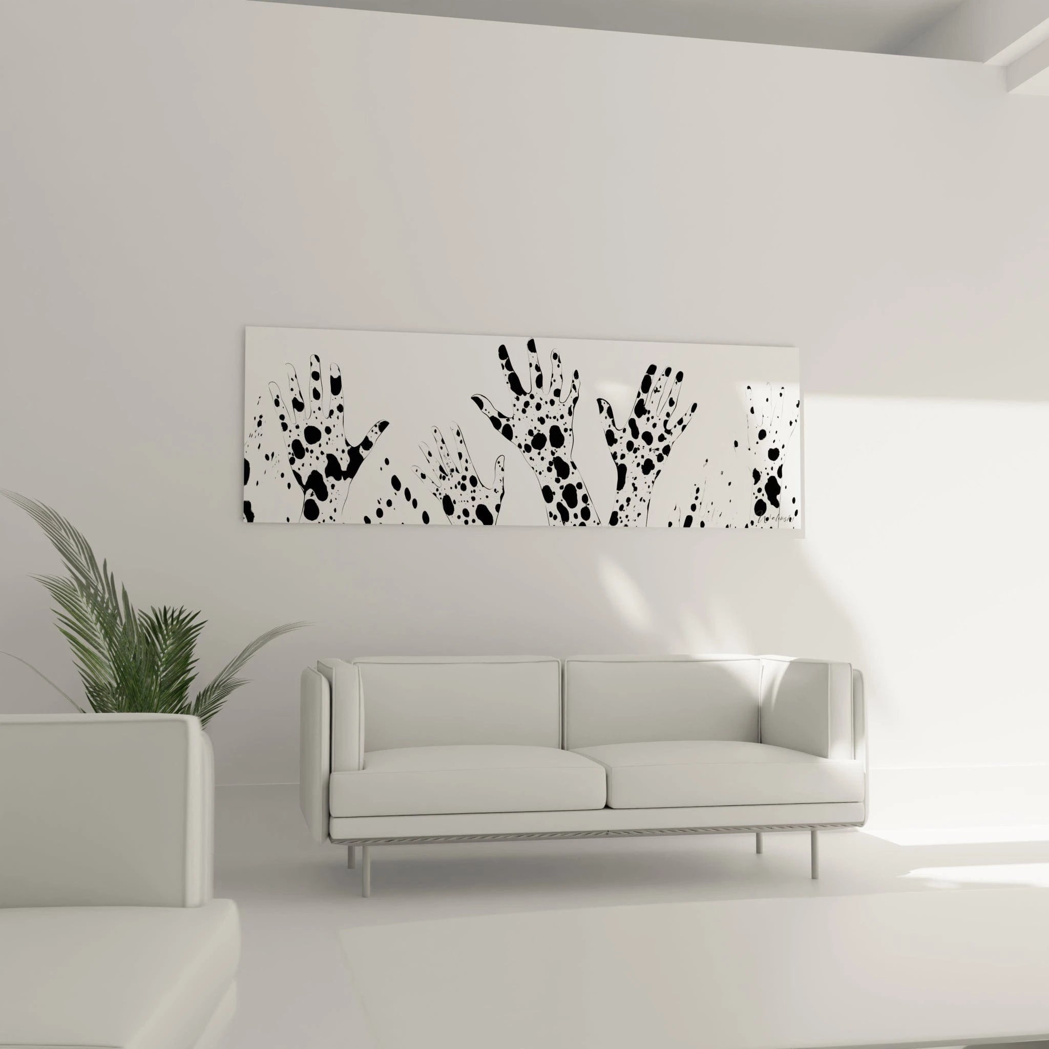 Tableau tacheté noir et blanc de Walensky affichant des empreintes de mains artistiques