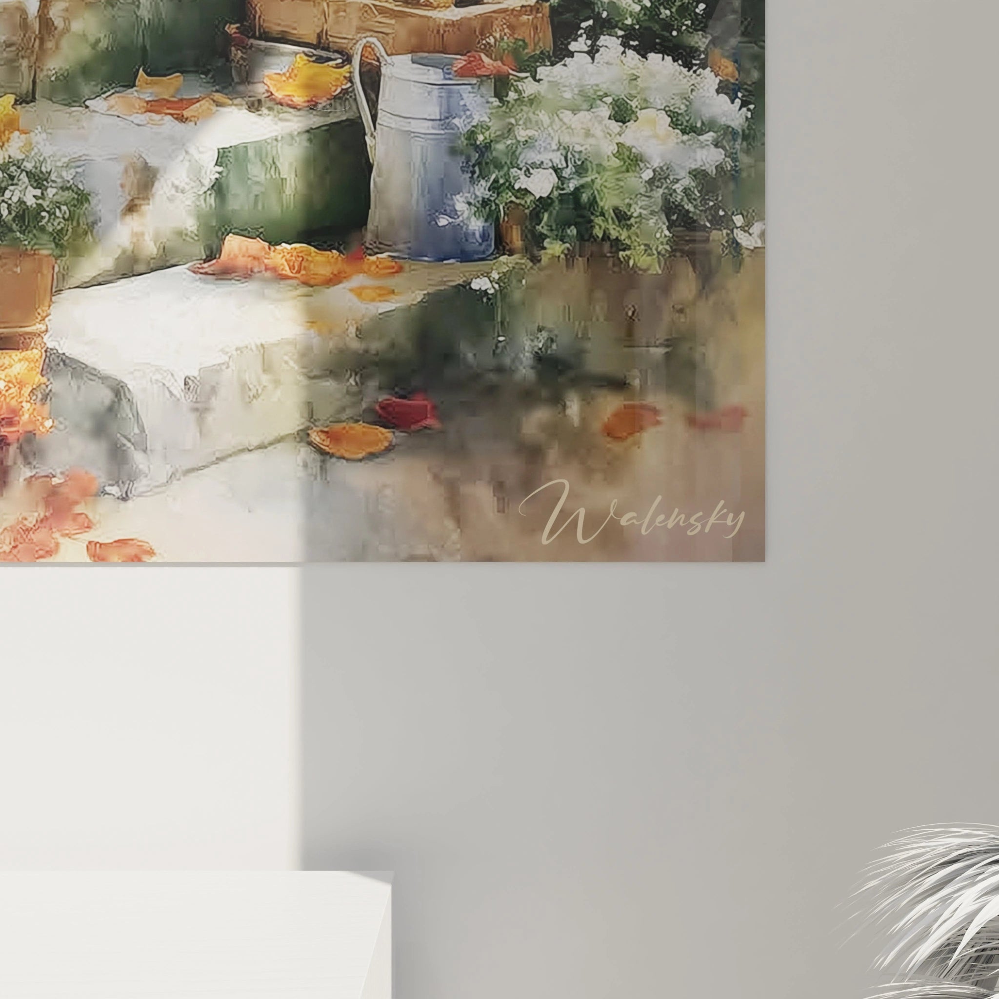 Walensky tableau automne maison chaleureuse représentant marches en pierre avec feuilles arrosoir et pots de fleurs