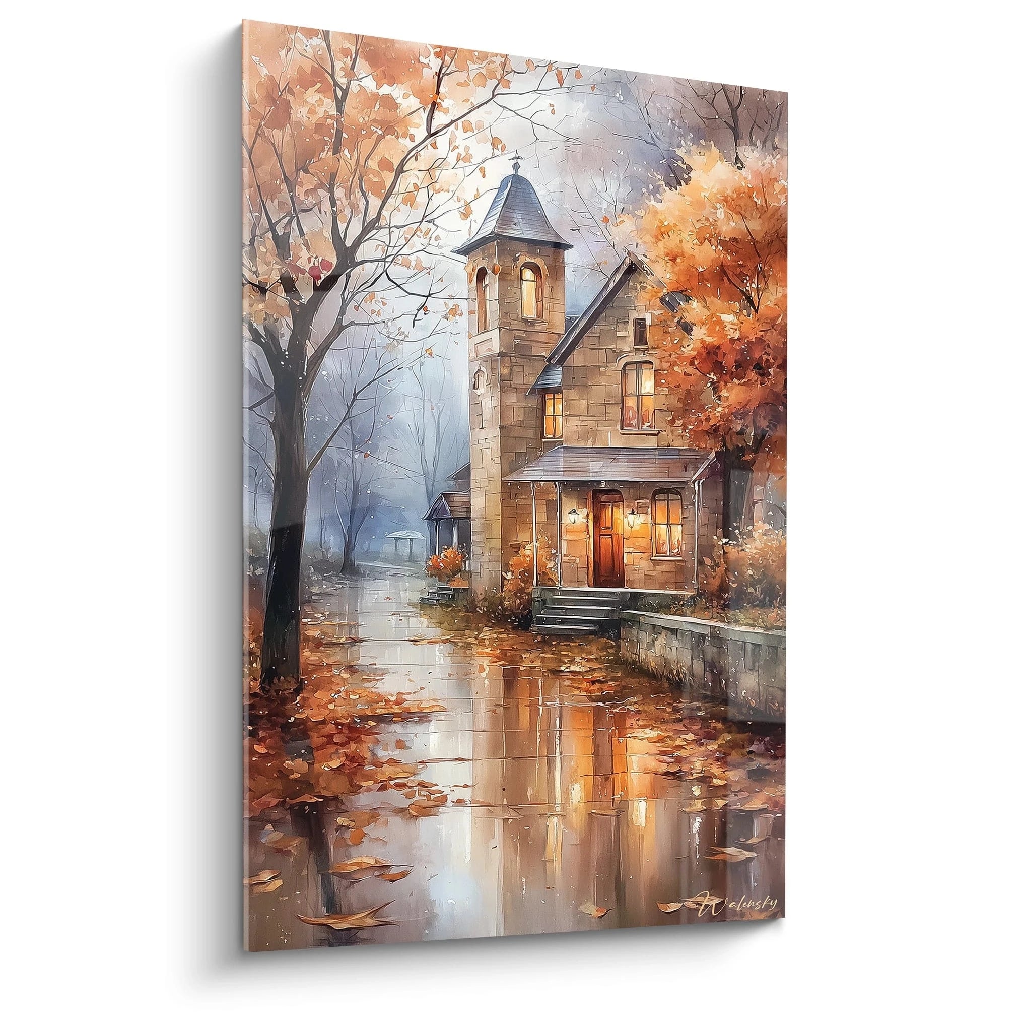 Walensky tableau mural maison automne illustrant une maison au bord du canal avec arbres orangés, reflets et lumière chaleureuse