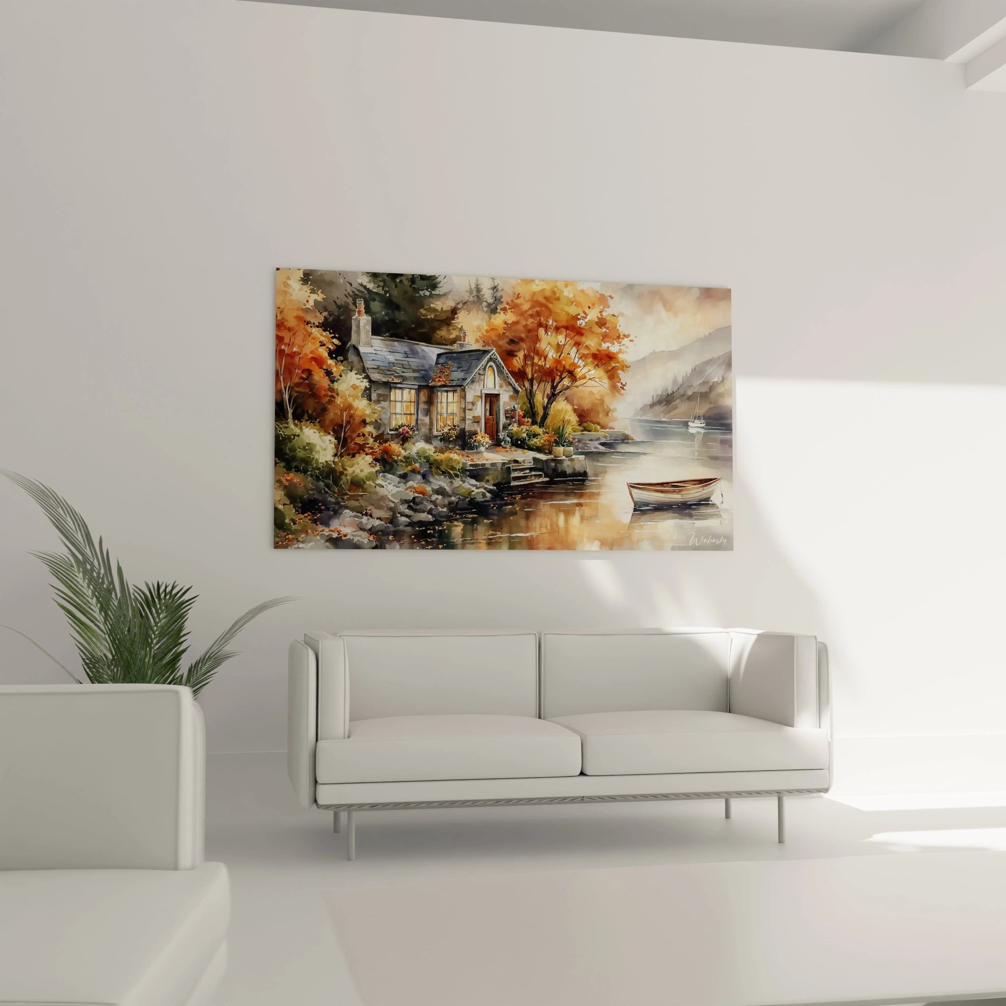 Walensky tableau maison automne chalet au bord du lac avec barque et arbres aux couleurs automnales pour salon