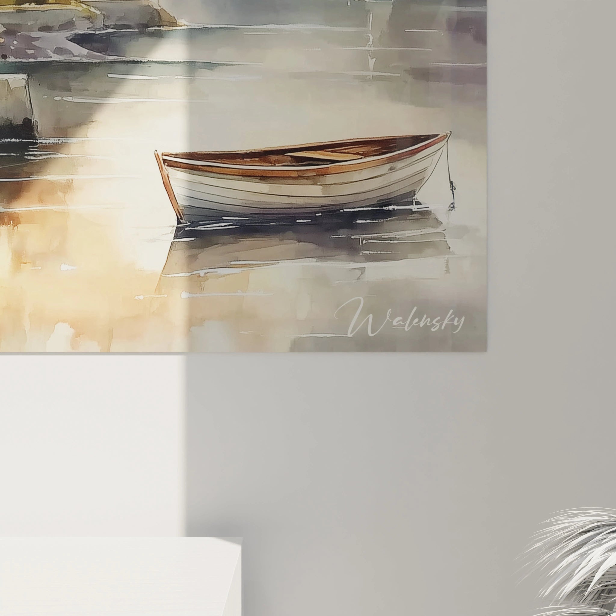Tableau Walensky d'une barque en aquarelle sur eau calme aux tons chauds pour décoration murale salon tableau maison automne