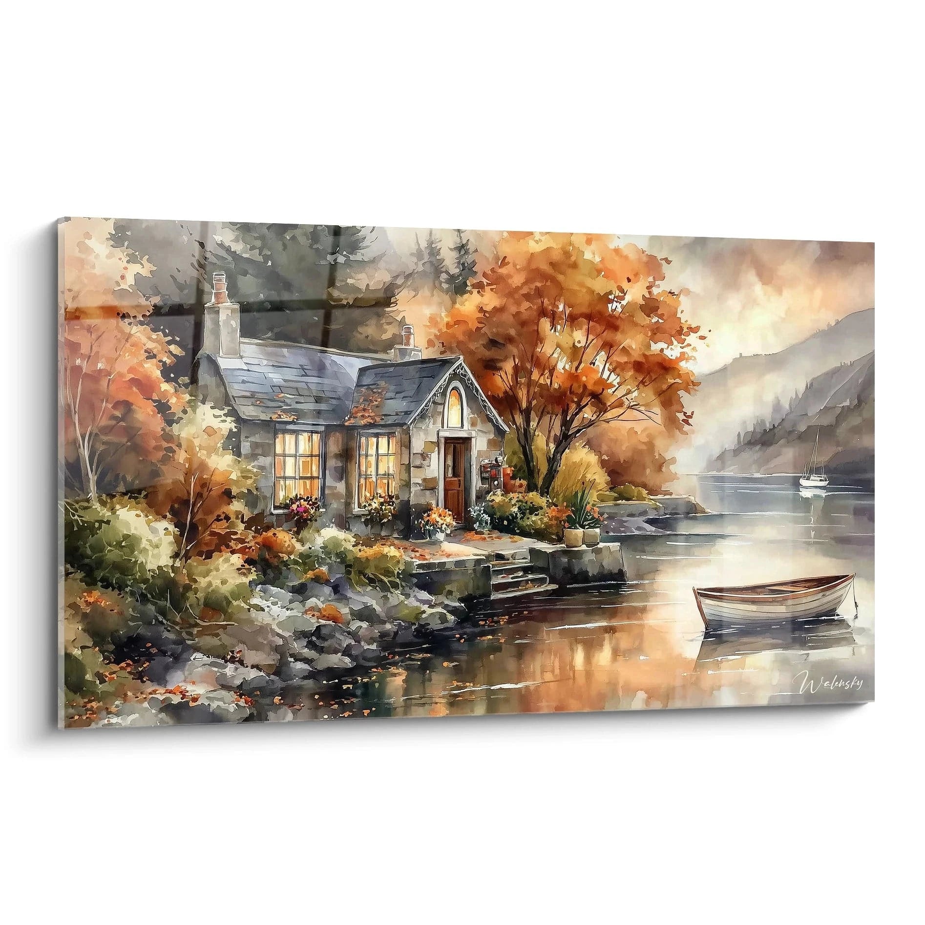 tableau maison automne Walensky chalet au bord du lac avec bateau reflet tranquille arbres oranges et fenetres eclairees