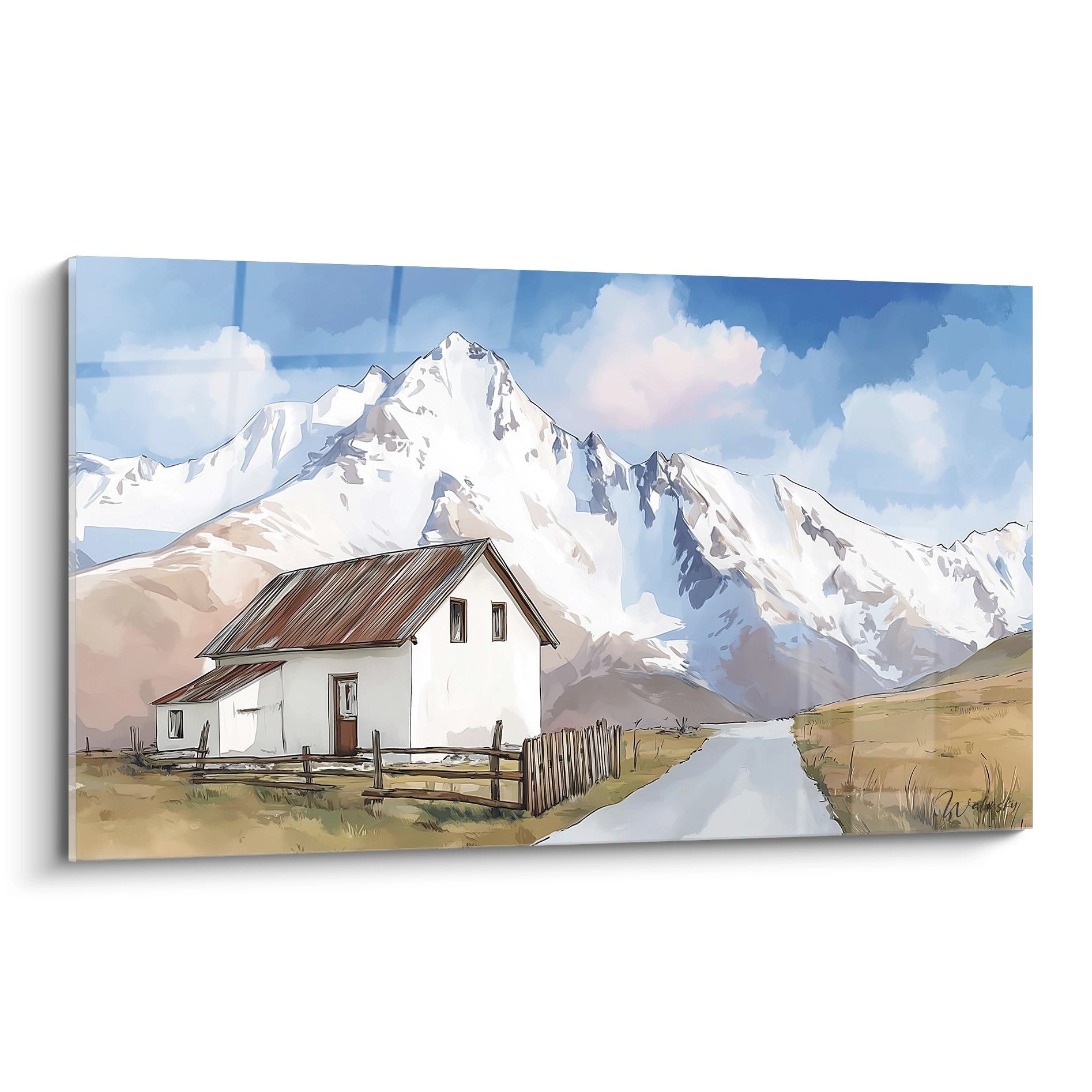 Tableau mural maison de montagne avec refuge alpin et sommets enneigés - décoration montagnarde authentique