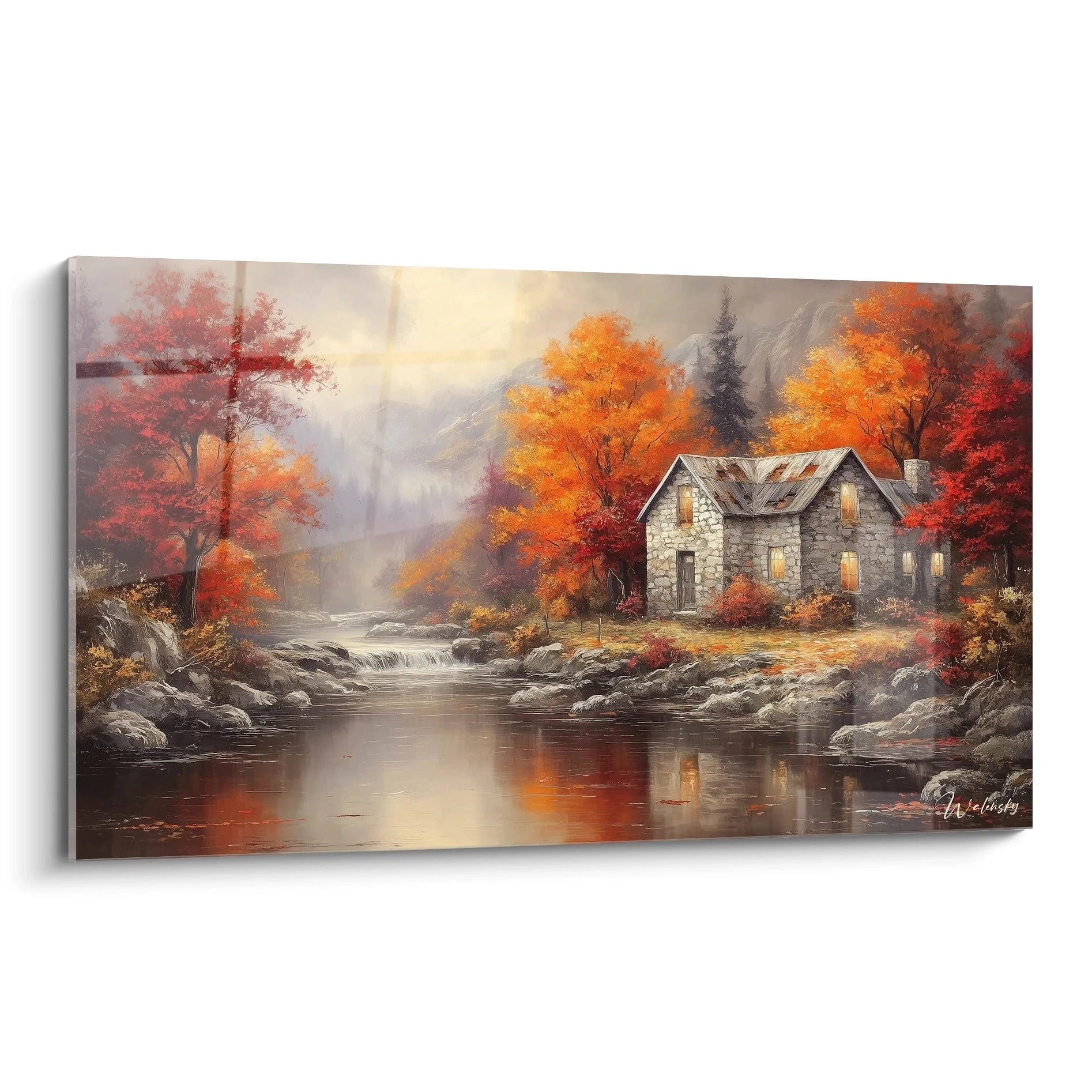 tableau décoratif automne Walensky montrant maison en pierre au bord de la rivière avec arbres rouges et reflet