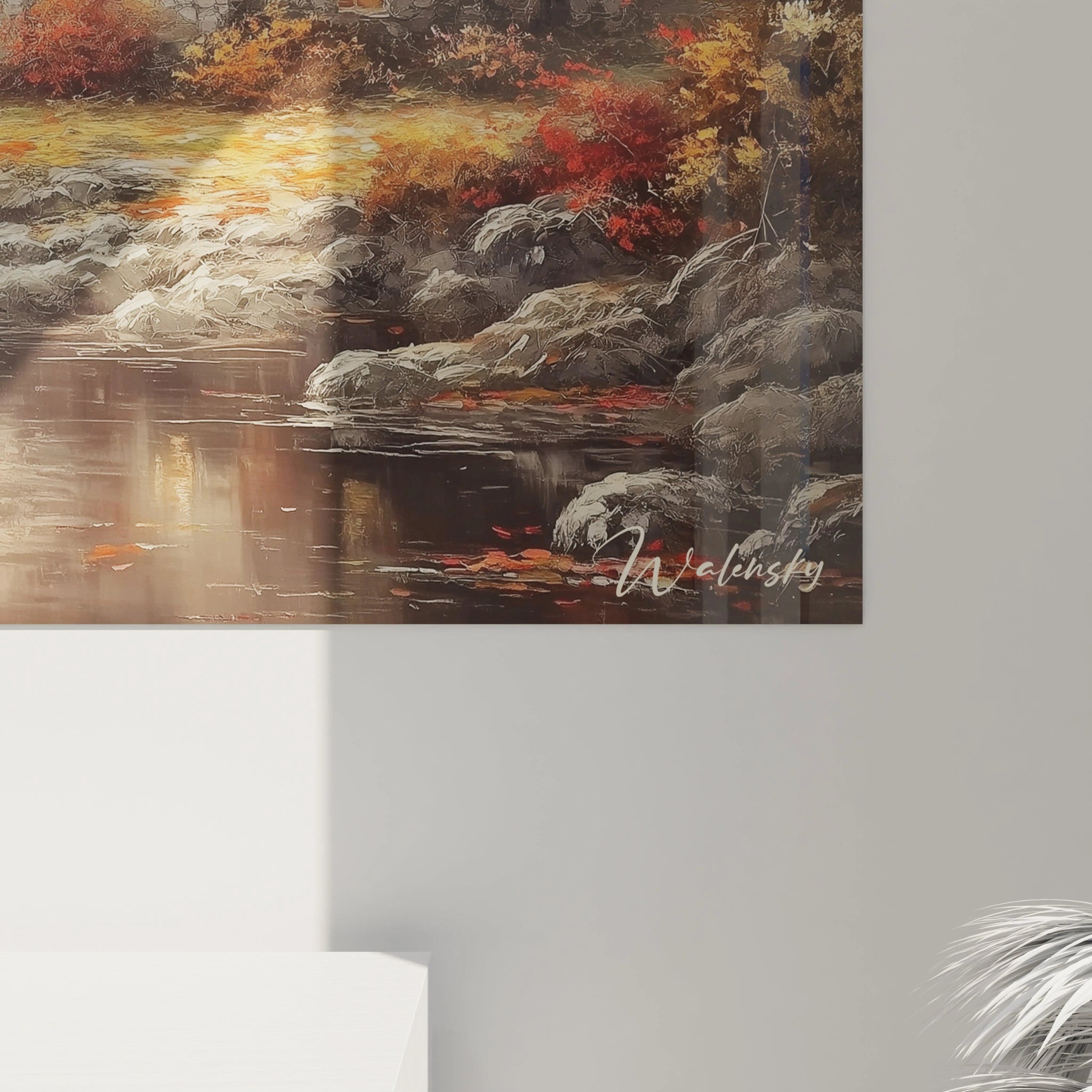 Tableau mural Walensky représentant un paysage automnal au bord d'une rivière avec rochers et reflets, tableau décoratif automne