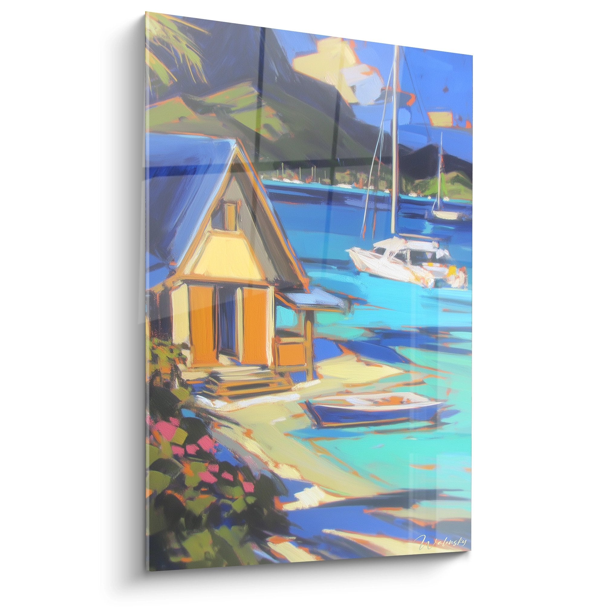Tableau maison tropicale colorée au bord eau turquoise avec bateaux voile - art mural îles archipels