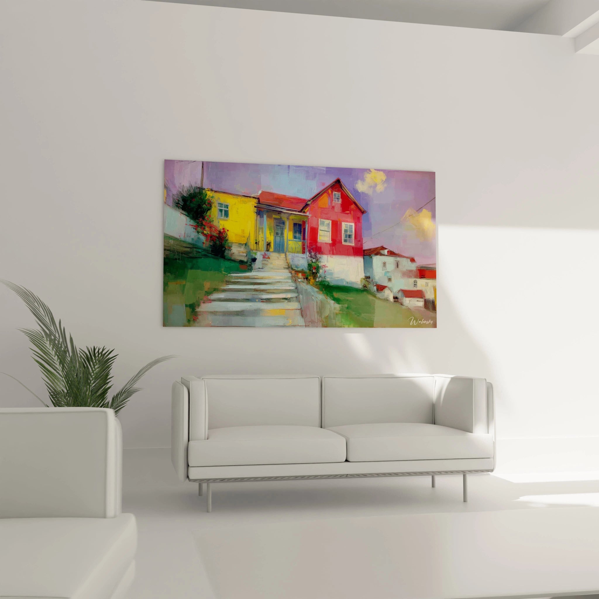 Tableau mural Walensky tableau impressionniste maisons colorées montrant maisons vives sur escalier et colline décorative