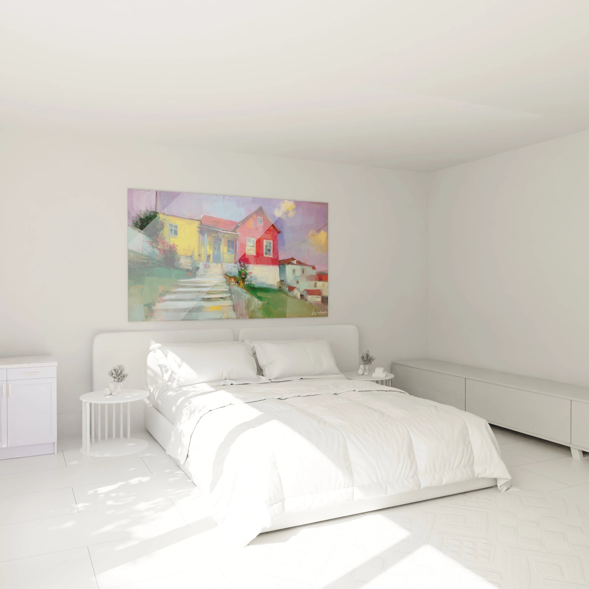 tableau impressionniste maisons colorées Walensky accroché au dessus d un lit blanc dans chambre minimaliste