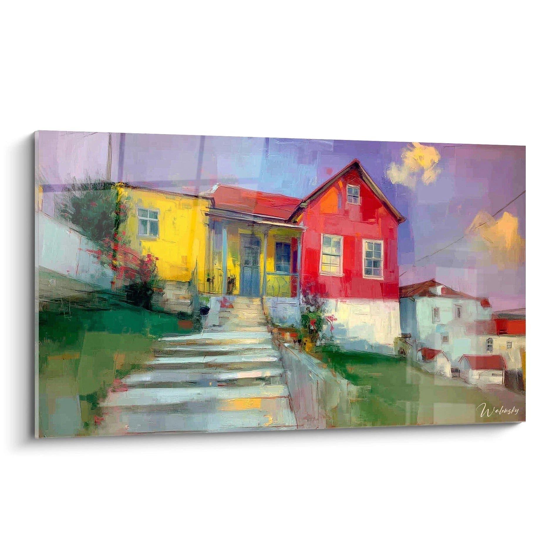 Tableau mural Walensky peinture paysage urbain tableau impressionniste maisons colorées maisons sur escalier vibrant