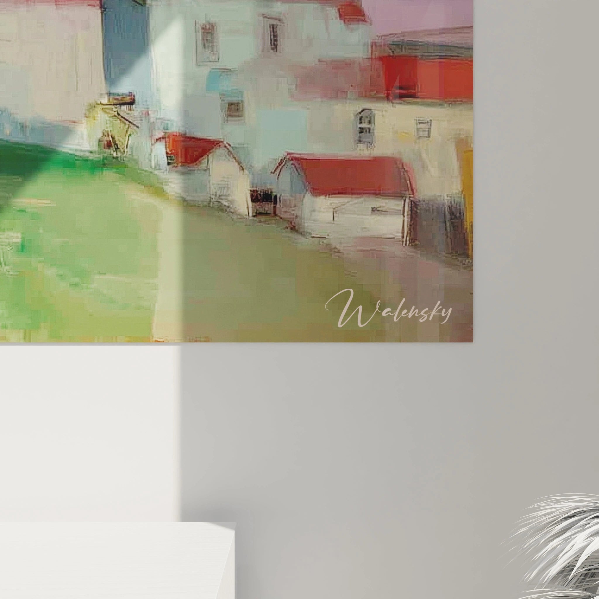 Tableau mural Walensky tableau impressionniste maisons colorées avec toits rouges et colline verte