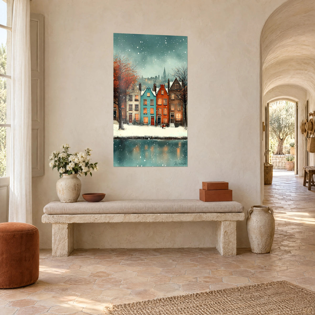 Quadro facciate olandesi turchesi, ruggine e crema lungo un canale ghiacciato, albero arancione, panchina di pietra, masseria provenzale