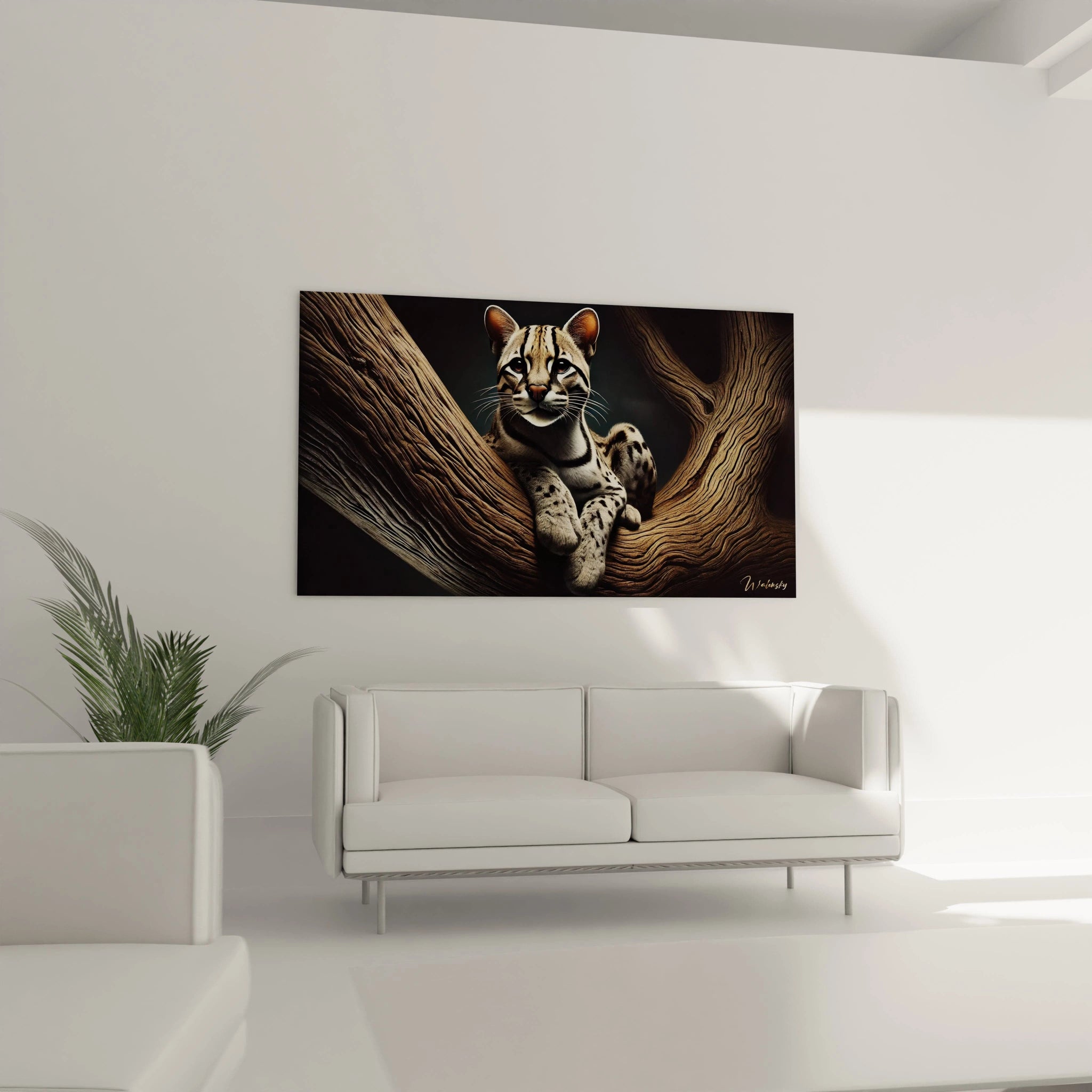 Ce tableau ocelot sublime votre salon avec sa presence saisissante. Installe au-dessus du canape, il apporte un contraste parfait entre nature sauvage et decoration elegante.