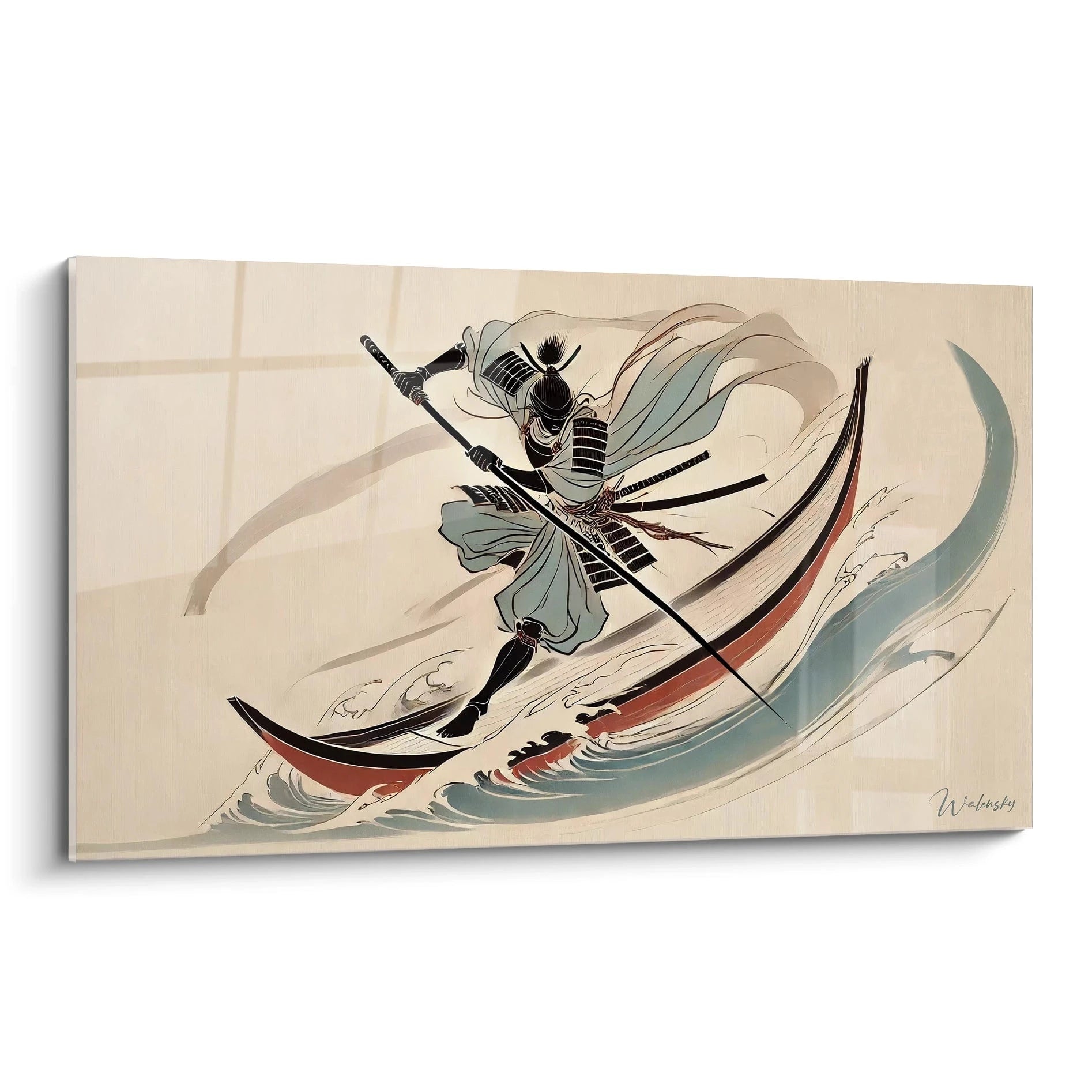 Vue de biais du tableau chinois representant un guerrier en equilibre face aux elements avec des couleurs douces et profondes inspirant serenite et intensite martiale.