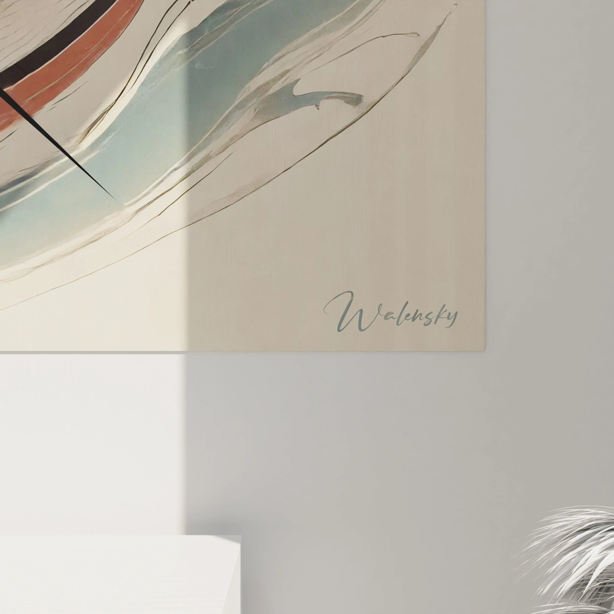 Gros plan du tableau chinois, detail des courbes fluides et des couleurs subtiles. Le guerrier incarne resilience et serenite, une esthetique inspiree de la tradition asiatique.