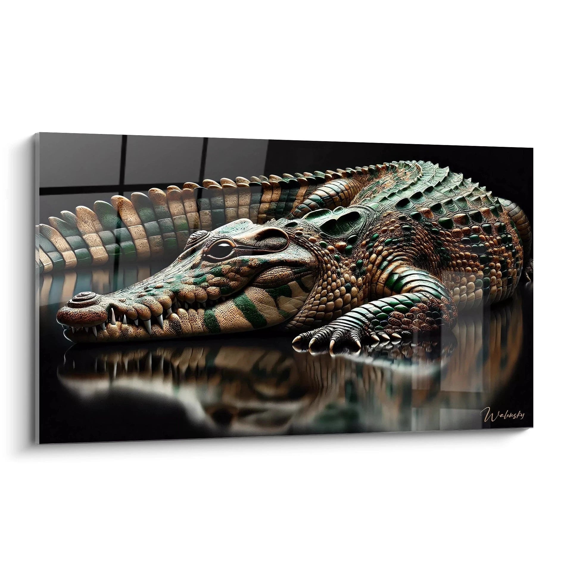 Découvrez ce tableau crocodile, une œuvre réaliste et contemporaine qui magnifie la puissance brute de cet animal emblématique. Chaque détail de ses écailles est travaillé pour offrir une profondeur captivante.