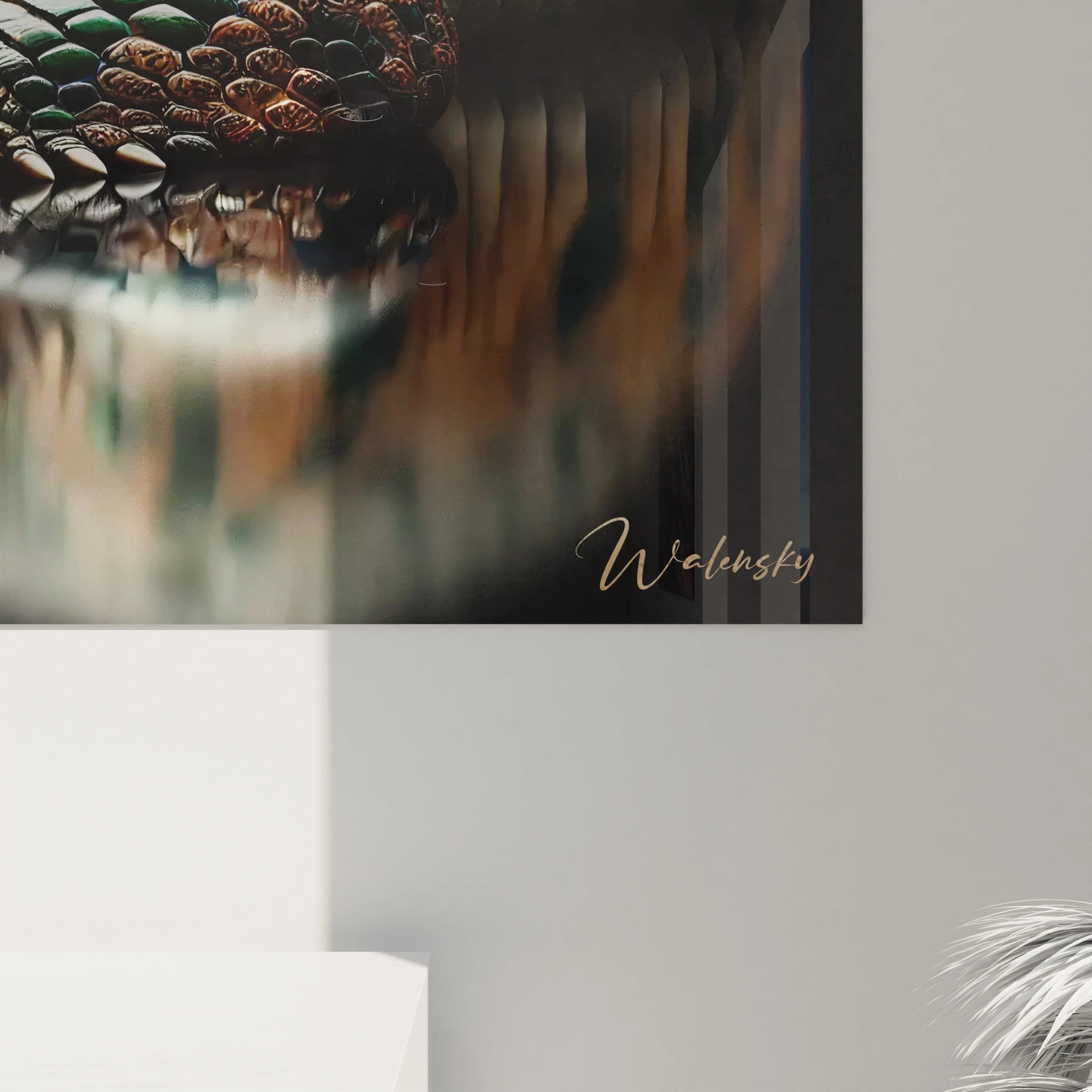 Admirez de près ce tableau crocodile, où la texture écailleuse et les nuances de vert et d'or révèlent la splendeur de ce prédateur majestueux dans une œuvre saisissante.