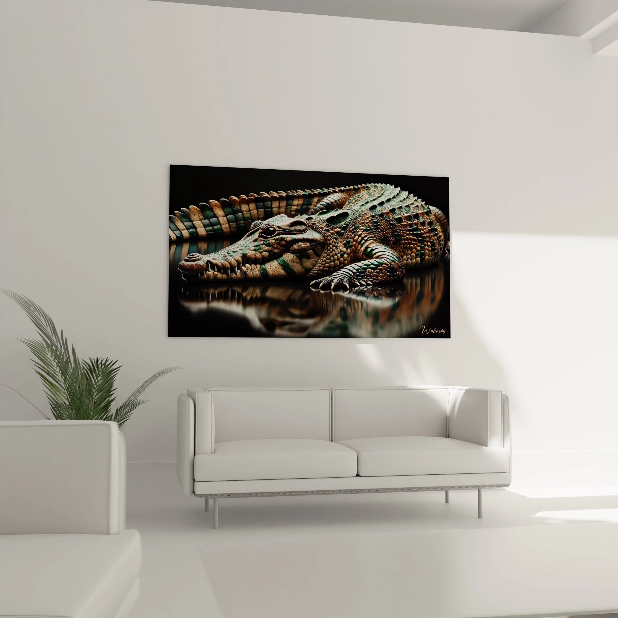 Sublimez votre salon avec ce tableau crocodile accroché au-dessus de votre canapé. La composition contemporaine et les contrastes visuels ajoutent une dimension mythique à votre espace.