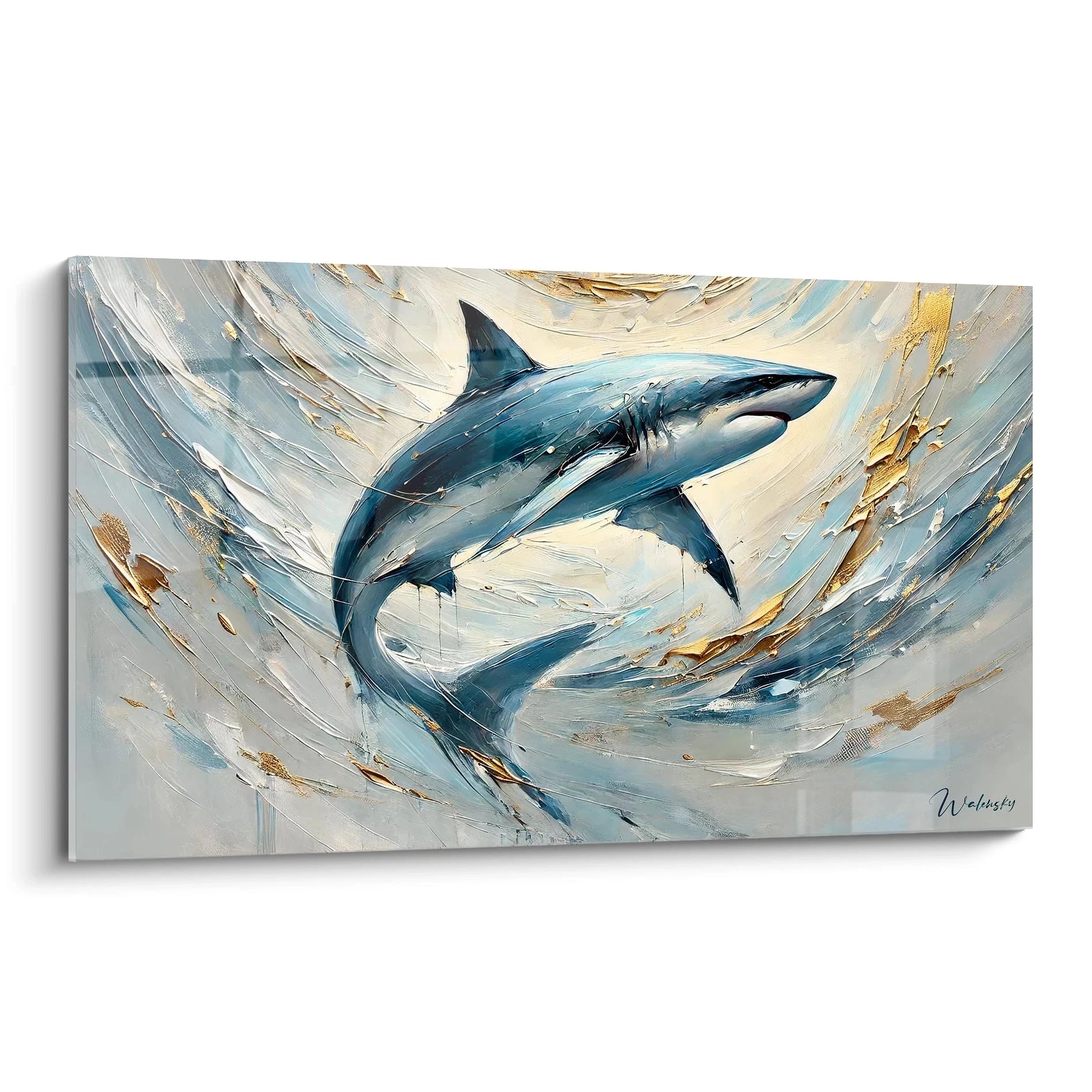 Admirez ce tableau requin vu de biais revelant des textures uniques et des couleurs vibrantes inspirant mouvement et puissance pour une touche de dynamisme dans votre espace.