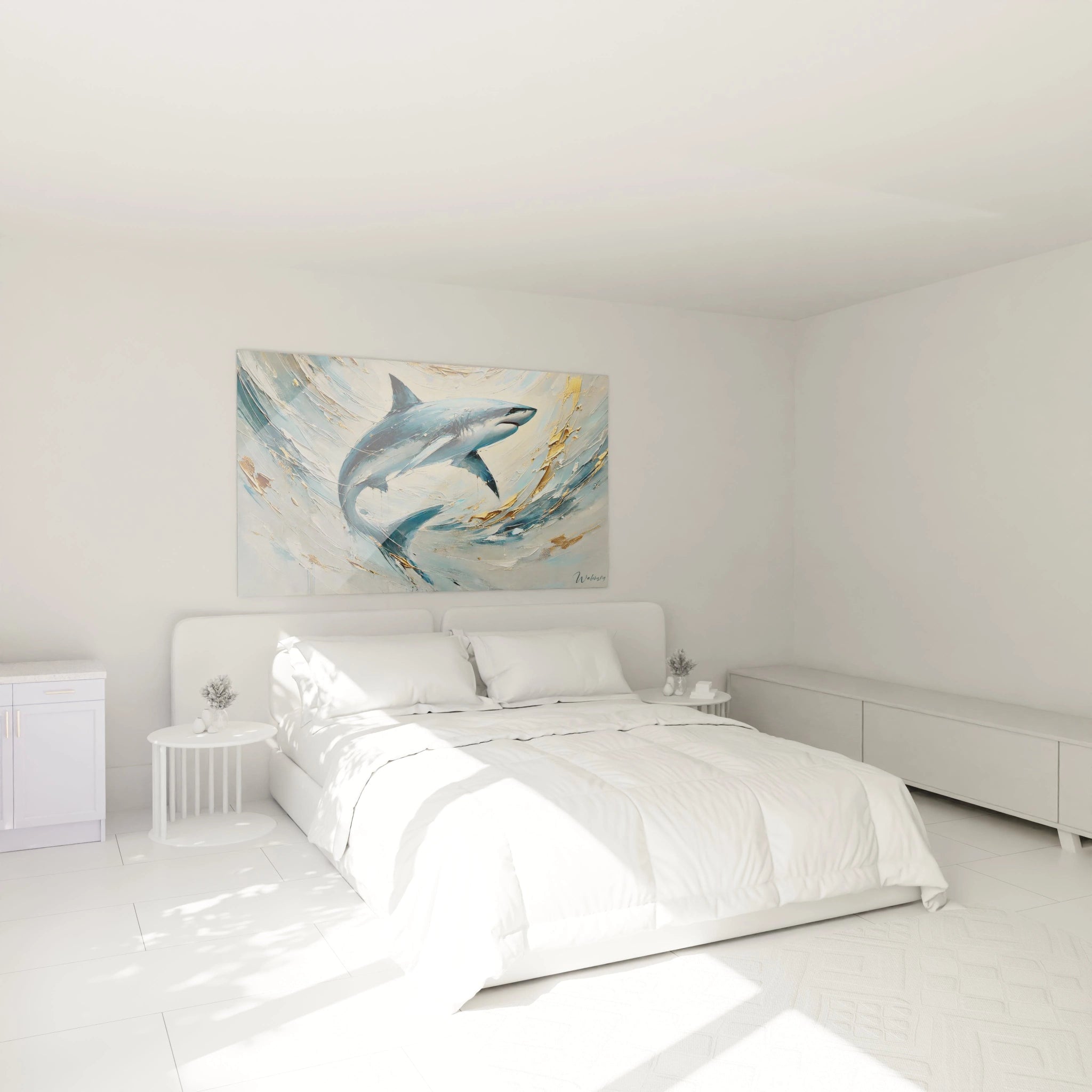 Ce tableau requin accroché au mur de la chambre insuffle une ambiance élégante et énergique grâce aux nuances de bleu or et blanc apportant raffinement et intensité.
