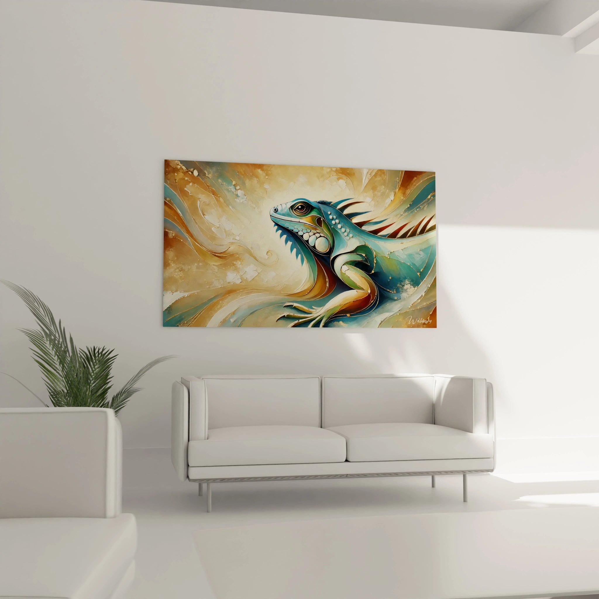 Ajoutez une touche artistique à votre salon avec ce tableau iguane, suspendu au-dessus du canapé. Son abstraction contemporaine et ses couleurs contrastées captivent le regard et créent une atmosphère vivante.