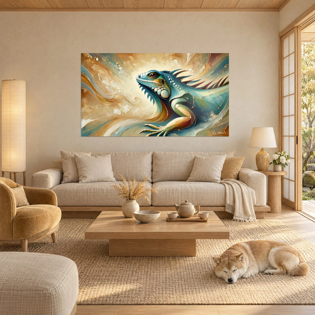 Gemälde Leguan in Türkisblau mit goldenen Kämmen, cremefarbener Ockerhintergrund mit wirbelnden Mustern, Shiba liegt über einem Sofa in einem hellen Wohnzimmer