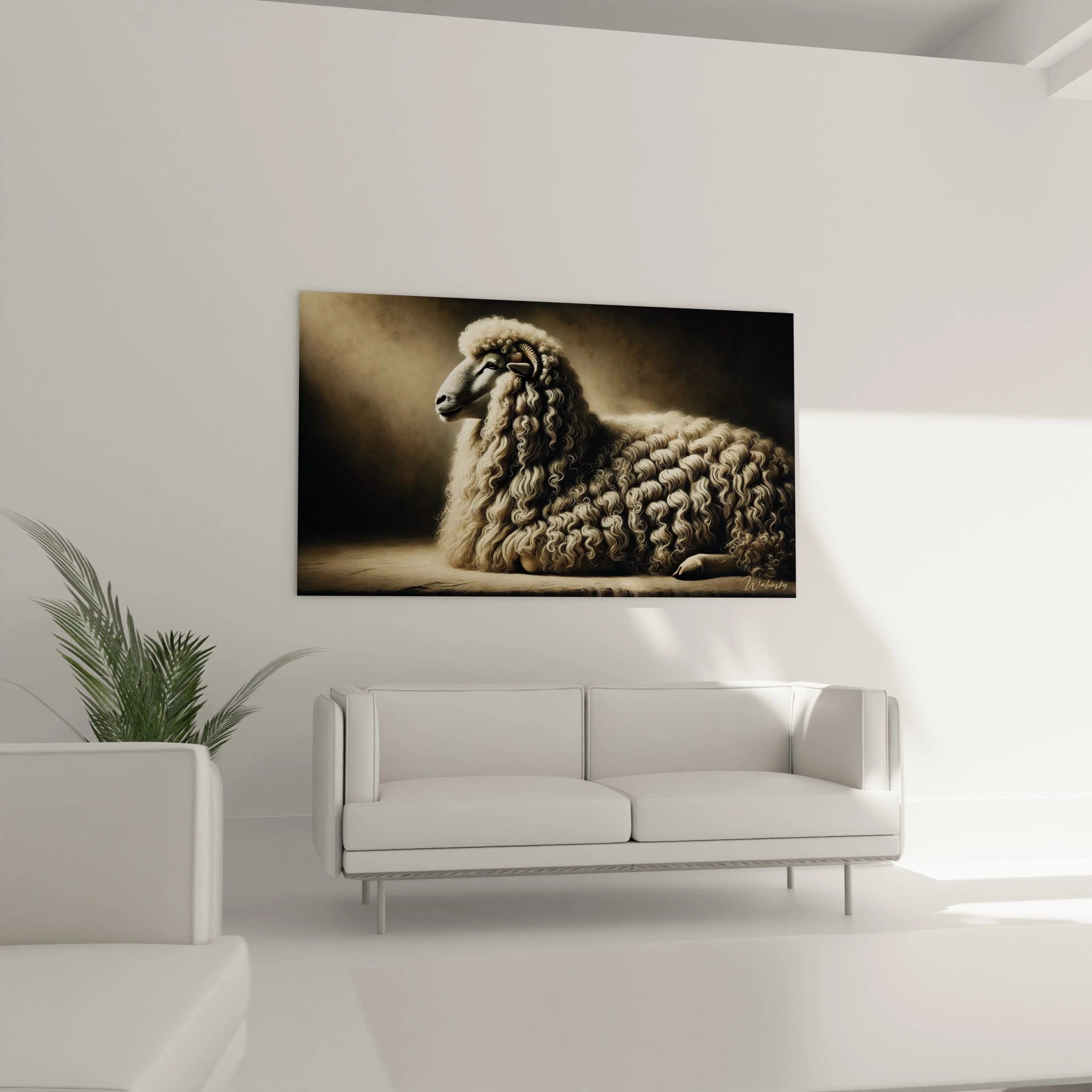 Apportez une touche d originalite a votre salon avec ce tableau mouton au dessus du canapé. Son design elegant et ses couleurs neutres s integrent parfaitement a une deco moderne.