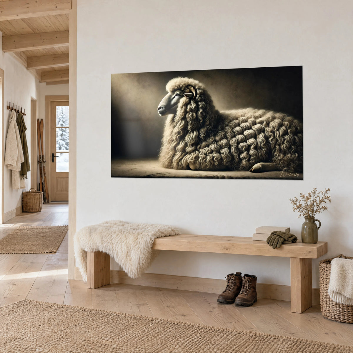 Tableau bélier majestueux aux boucles beiges, corne ambrée et museau gris en profil, sur mur clair, banc en bois, chalet