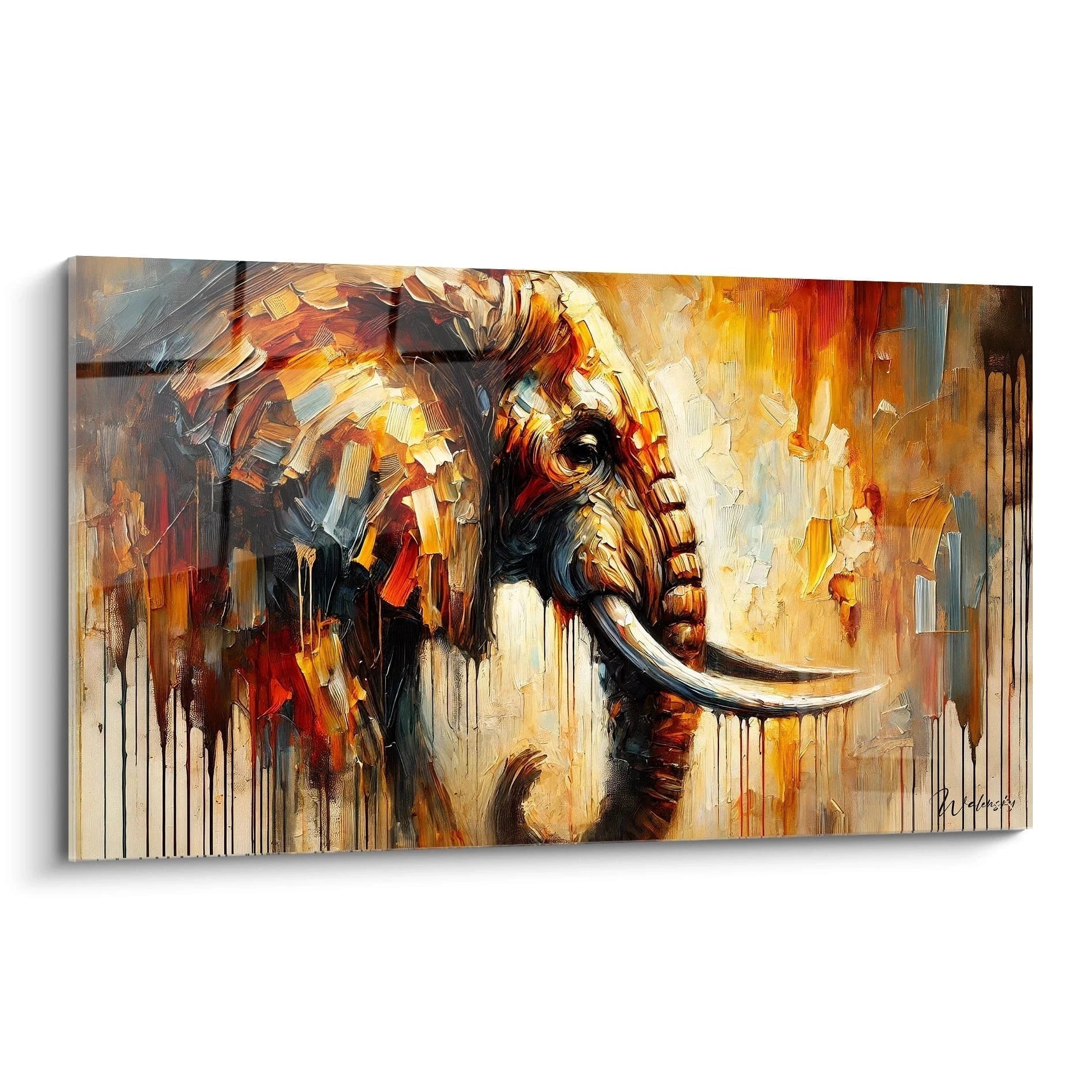 Ce tableau elephant en vue de biais revele ses couleurs vives et textures profondes. Chaque coup de pinceau abstrait de cette œuvre capture la majesté et la puissance de l’animal dans un style unique.