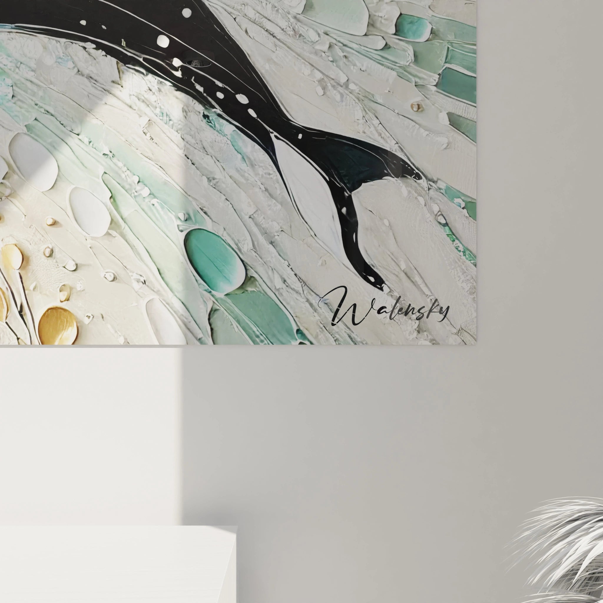 La vue de près du tableau orque met en lumière les textures et les éclaboussures dynamiques, capturant l'essence de cet animal emblématique et ajoutant une dimension artistique à votre décor.