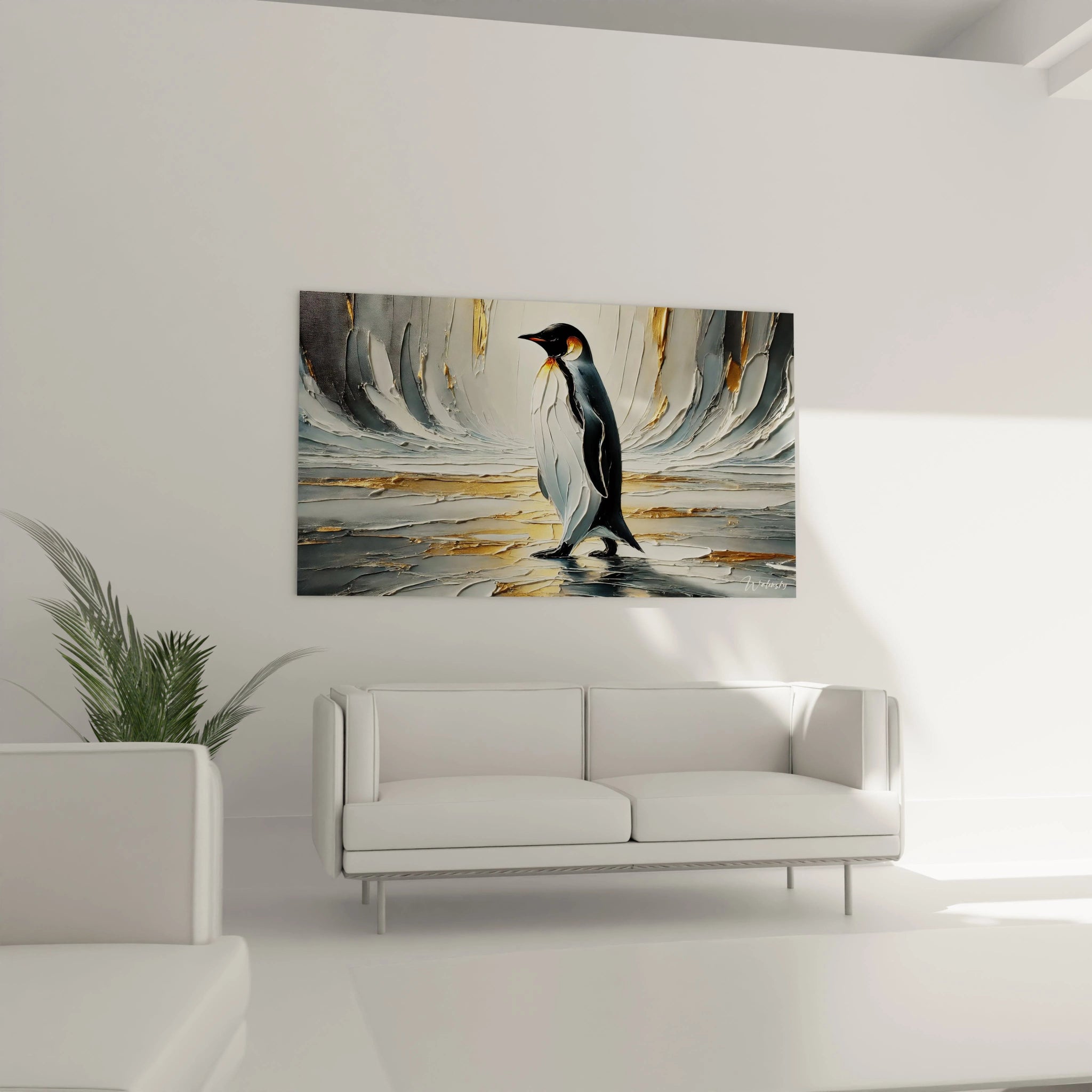 Ce tableau manchot dans le salon sublime l'espace avec sa scène glacée et ses coups de pinceau épais. Le manchot résilient se dresse avec élégance, entouré d'un tourbillon d'abstractions visuelles.