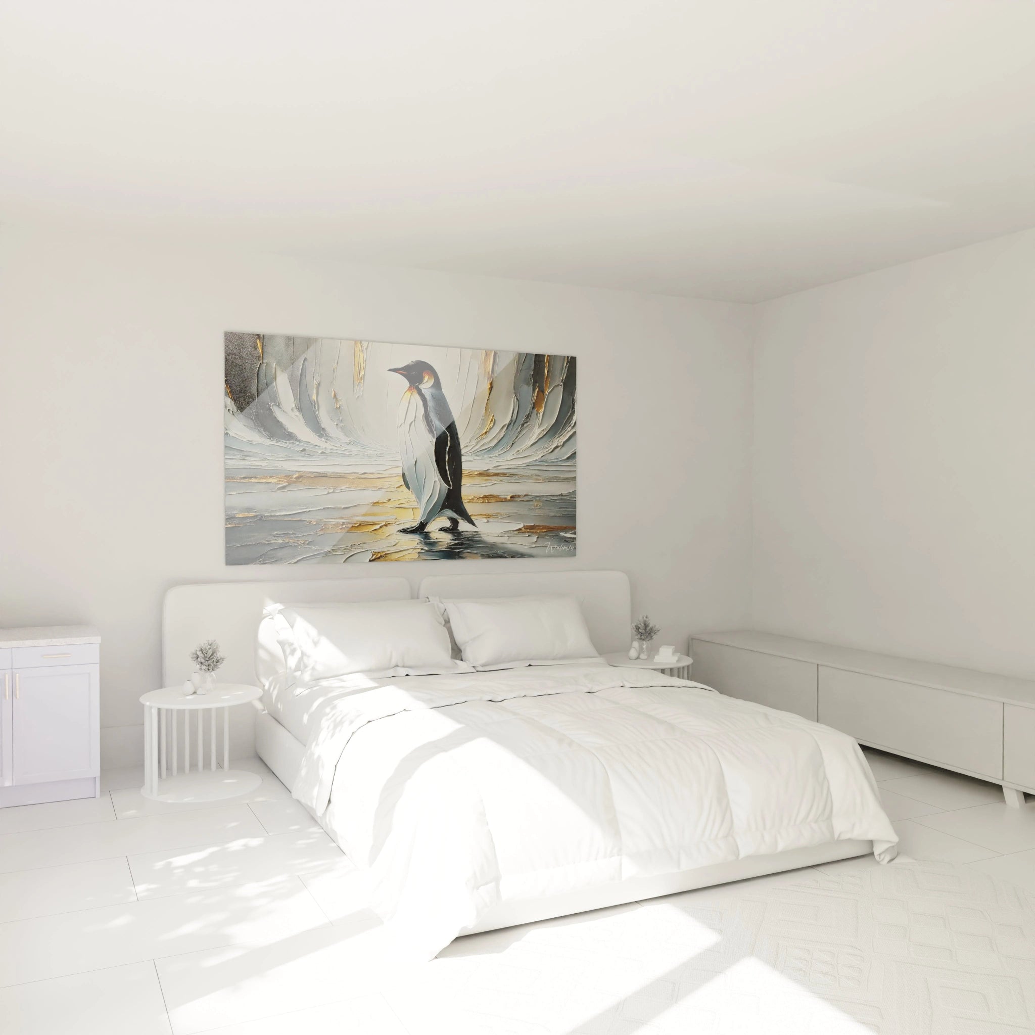 Suspendu au-dessus du lit, ce tableau manchot incarne la force tranquille du manchot dans un paysage abstrait. Les contrastes de noir, blanc et or apportent une ambiance à la fois froide et apaisante.