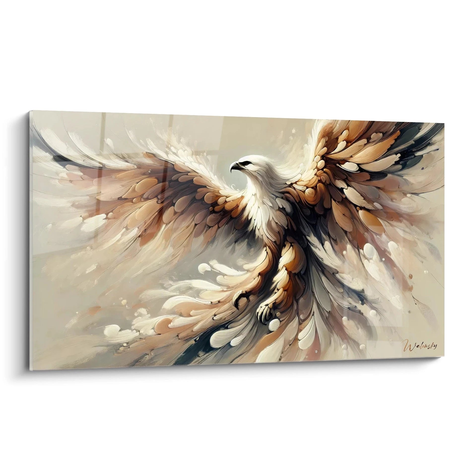 tableau aigle vu de biais, capturant l'essence de la liberté dans des tons doux de beige, bronze et blanc. Un contraste subtil entre abstraction et réalisme, parfait pour sublimer votre intérieur contemporain.