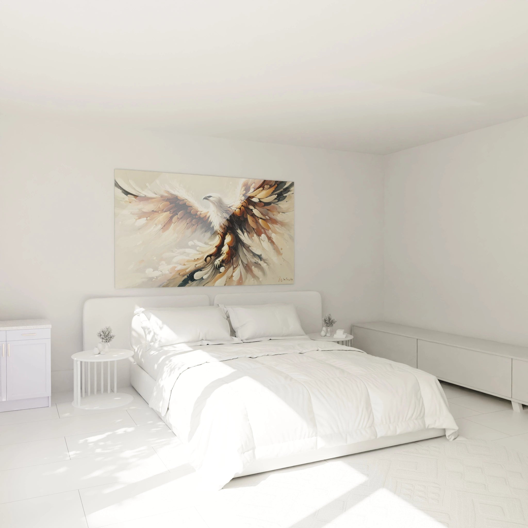 Dans cette chambre, le tableau aigle au-dessus du lit incarne la puissance et la grâce de l'oiseau en plein vol. Un chef-d'œuvre abstrait contemporain qui transforme l'espace en un havre de sérénité et de force.