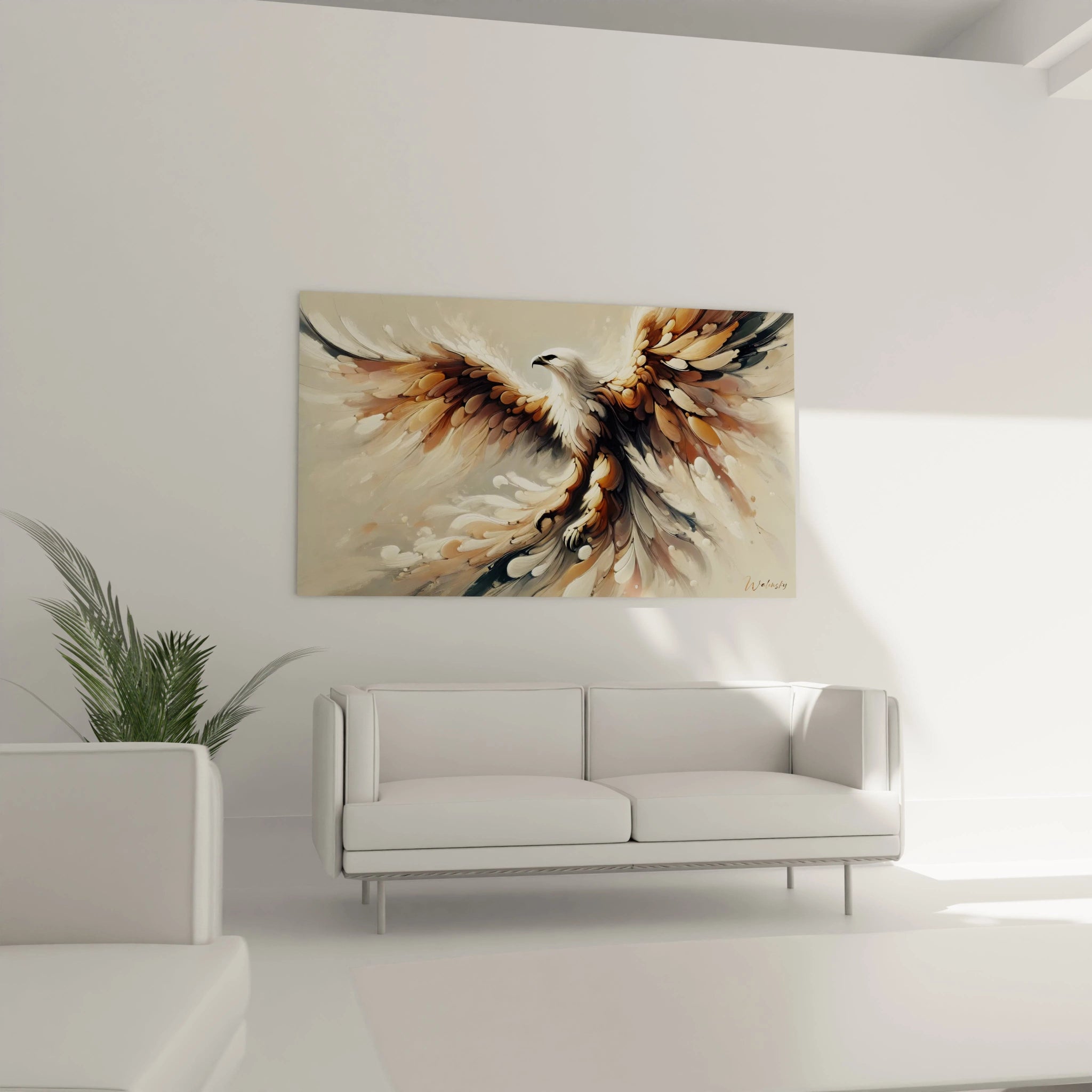 Le tableau aigle dans ce salon apporte une harmonie visuelle unique. Accroché au-dessus du canapé, il évoque la majesté de l'aigle, avec des nuances de beige et bronze qui apaisent l'atmosphère.