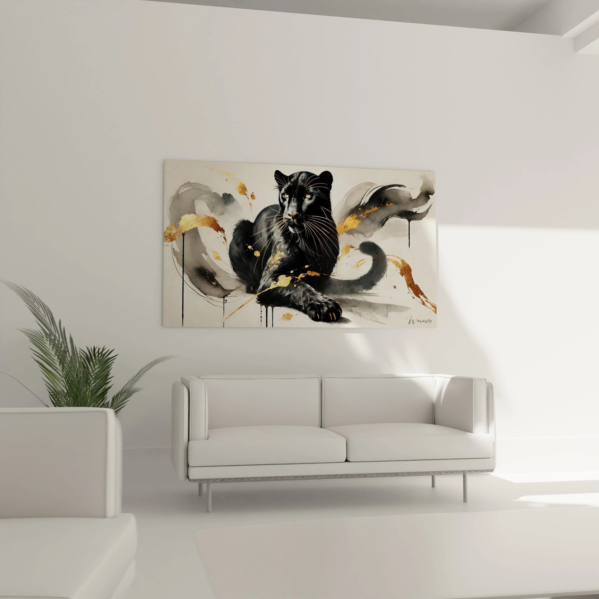Le tableau panthere noire suspendu au-dessus d'un canape dans le salon devient la piece centrale. Ses details realistes et ses eclats d'or apportent une touche chic et artistique a votre interieur