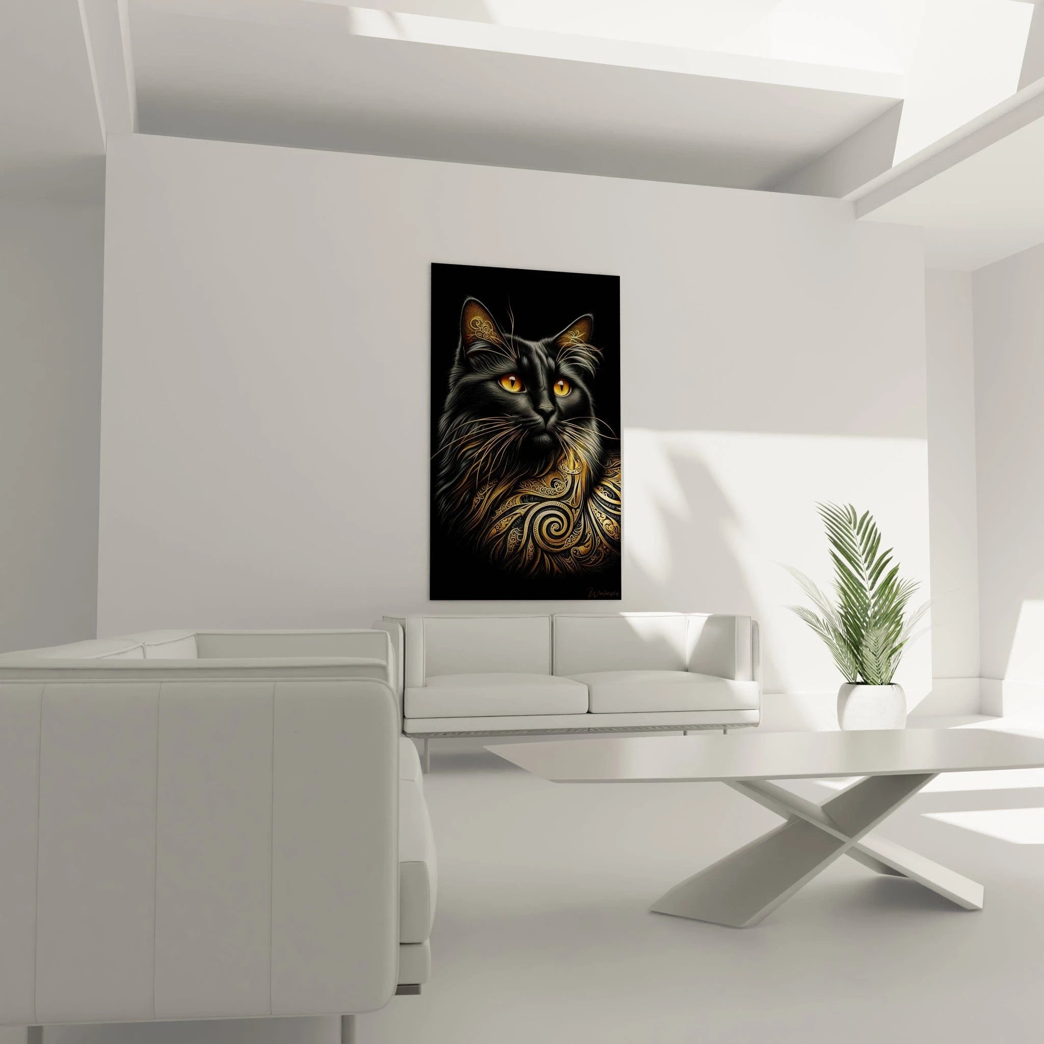 Un tableau d'animal montrant un chat aux yeux or intense dont le pelage noir est partiellement transformé en ornements métalliques dorés. Les textures contrastées incluent la fourrure soyeuse noire et les arabesques brillantes aux motifs complexes. Les détails des moustaches fines et des oreilles attentives sont finement travaillés.