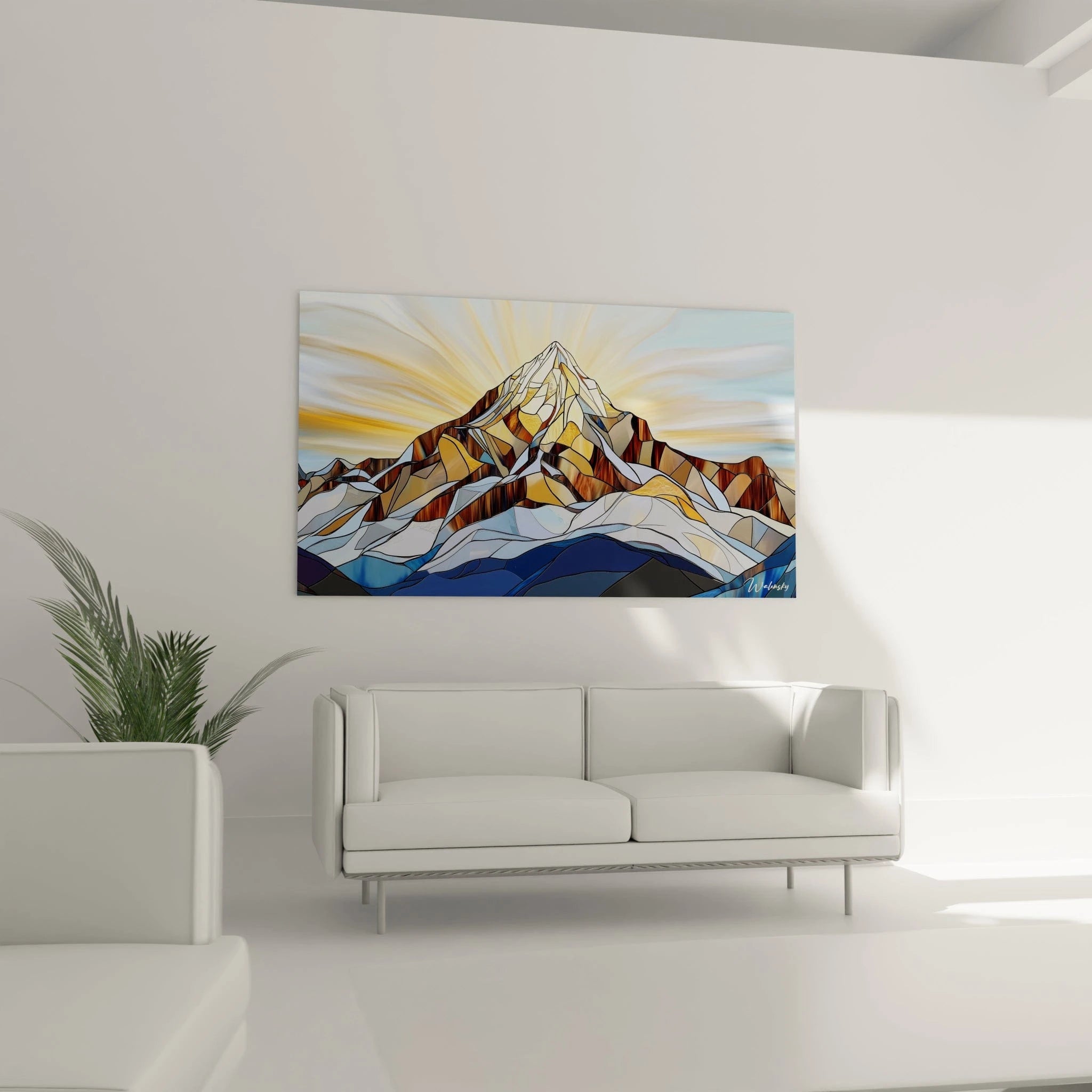 Un tableau montagne stylisé façon vitrail où chaque section distincte crée une mosaïque chromatique harmonieuse, mêlant bleus glaciaires, blancs neigeux, bruns rocheux et jaunes solaires, produisant un effet de transparence lumineuse caractéristique.