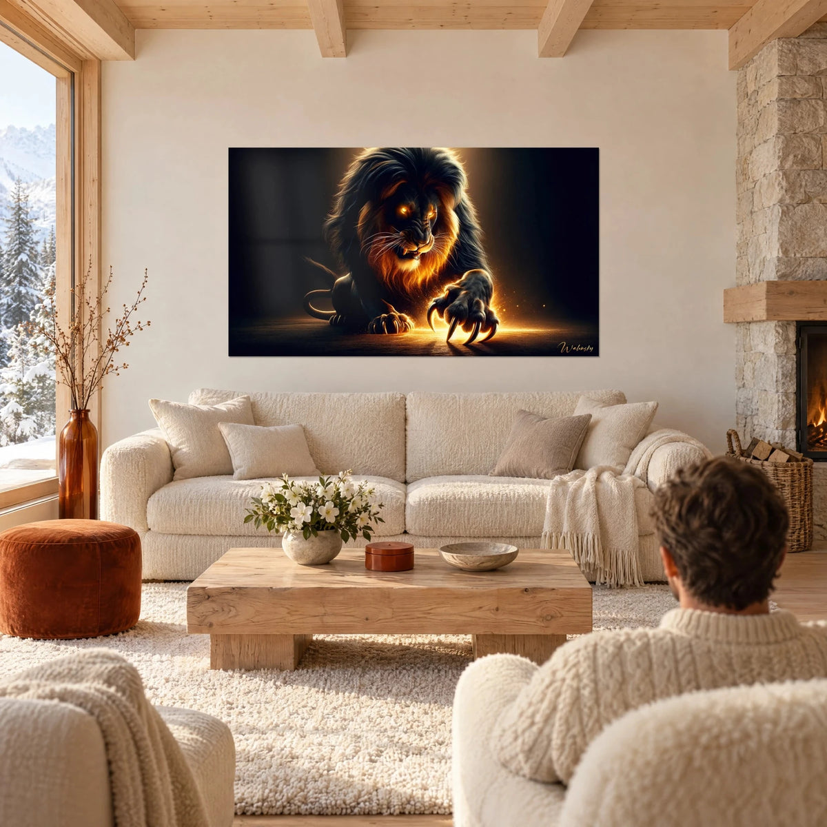 Tableau lion à crinière noire et cuivrée, griffes dorées incandescentes sur fond sombre, au-dessus d'un canapé dans un salon lumineux