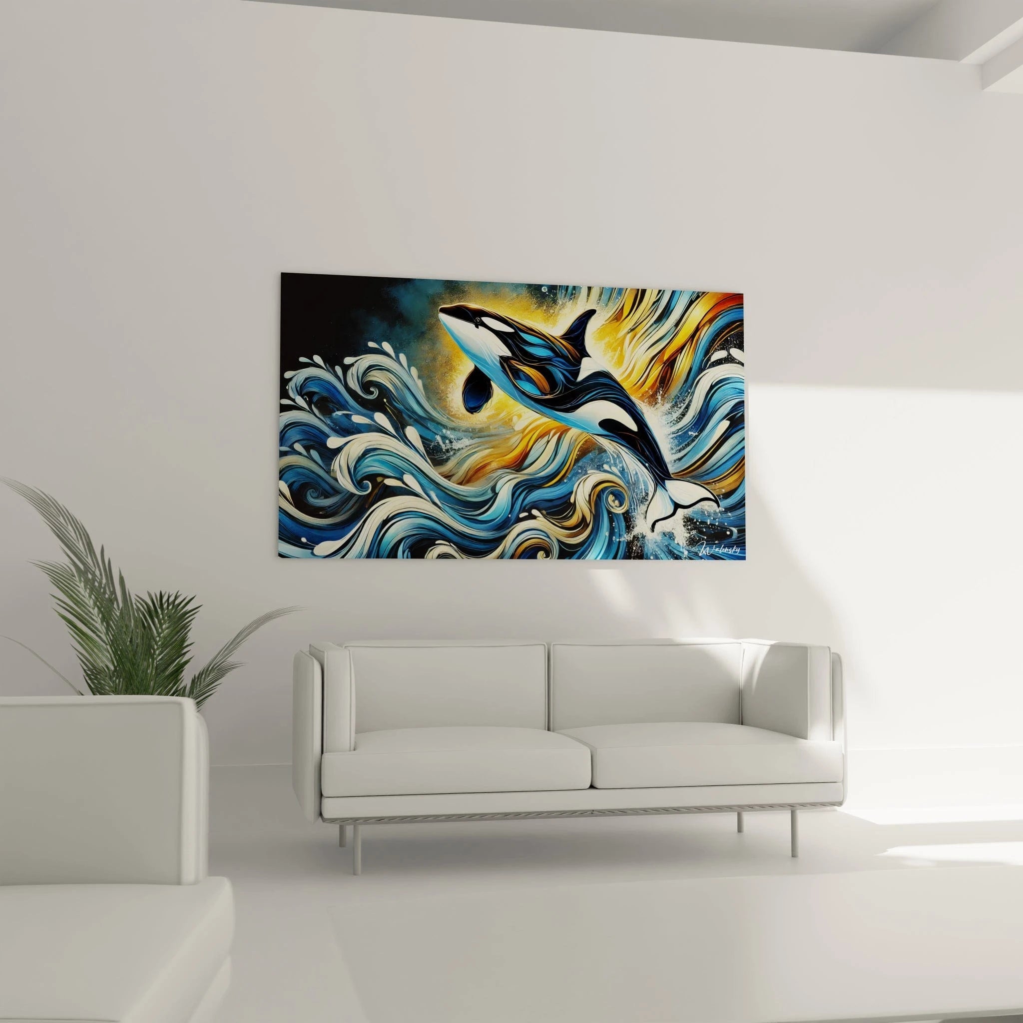 Tableau orque suspendu dans un salon, au-dessus d’un canapé, dépeignant un orque majestueux bondissant dans des vagues dorées et bleues, parfait pour capter l’attention.